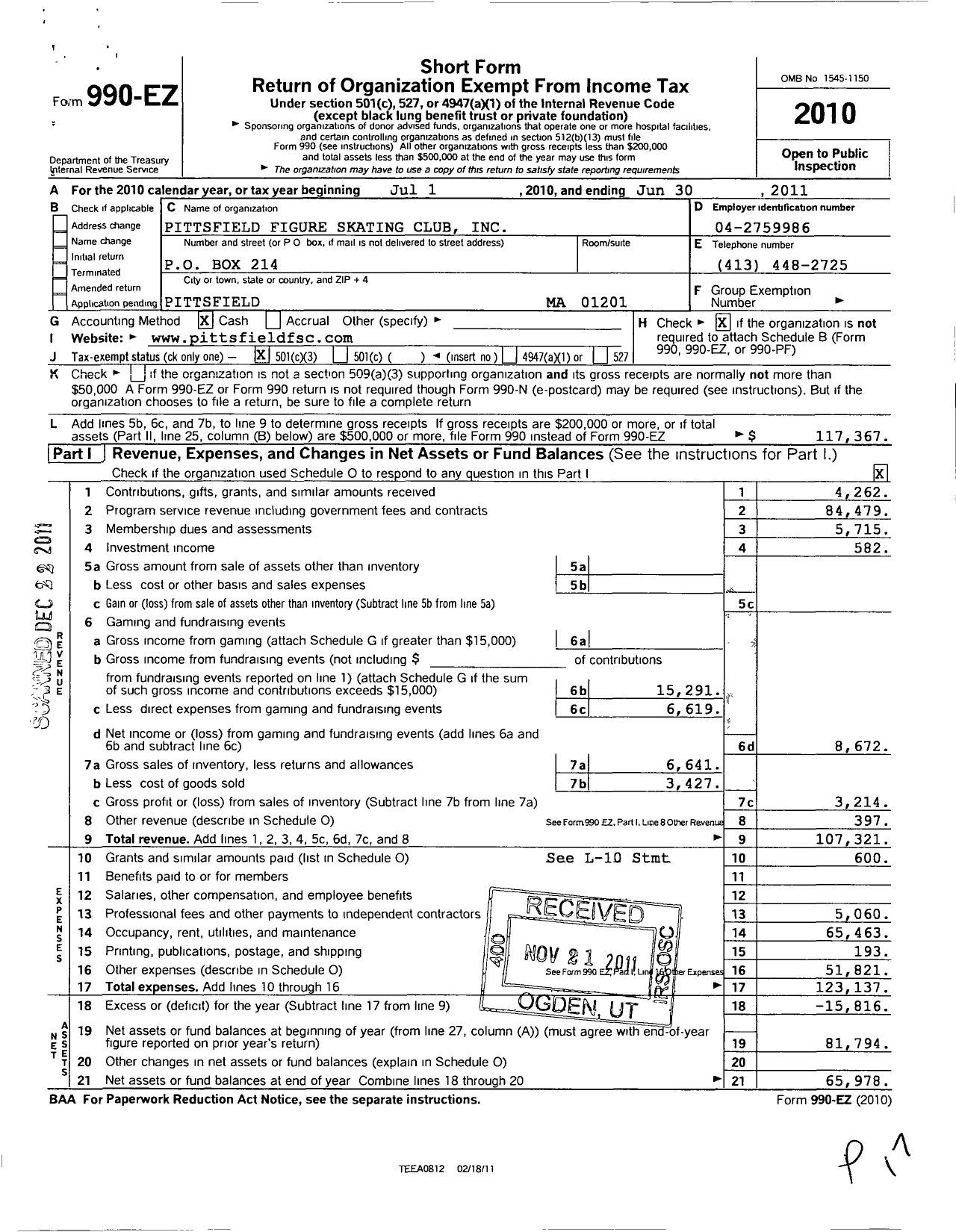 Image of first page of 2010 Form 990EZ for Pittsfield Figure Skating Club
