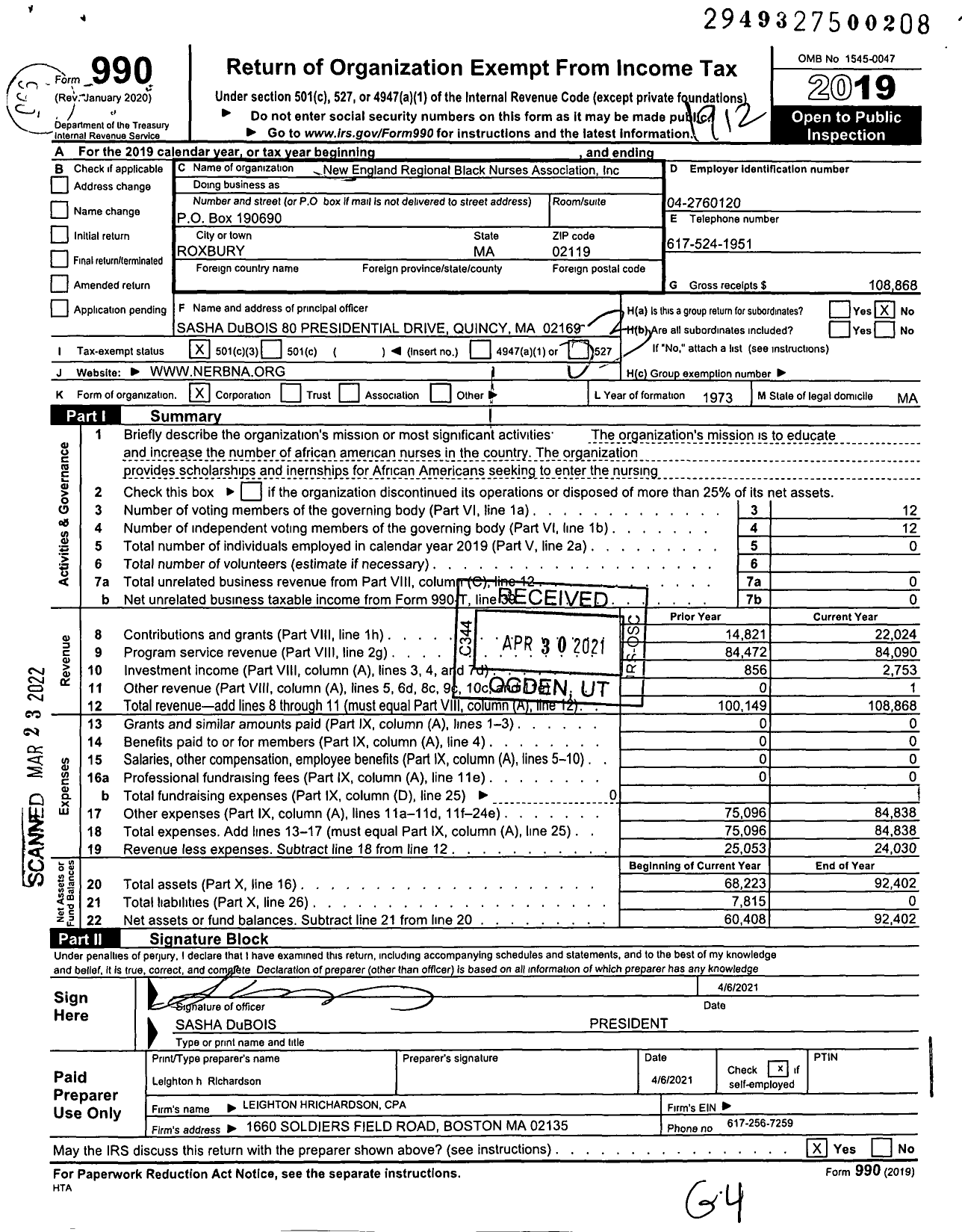 Image of first page of 2019 Form 990 for New England Regional Black Nurses Association