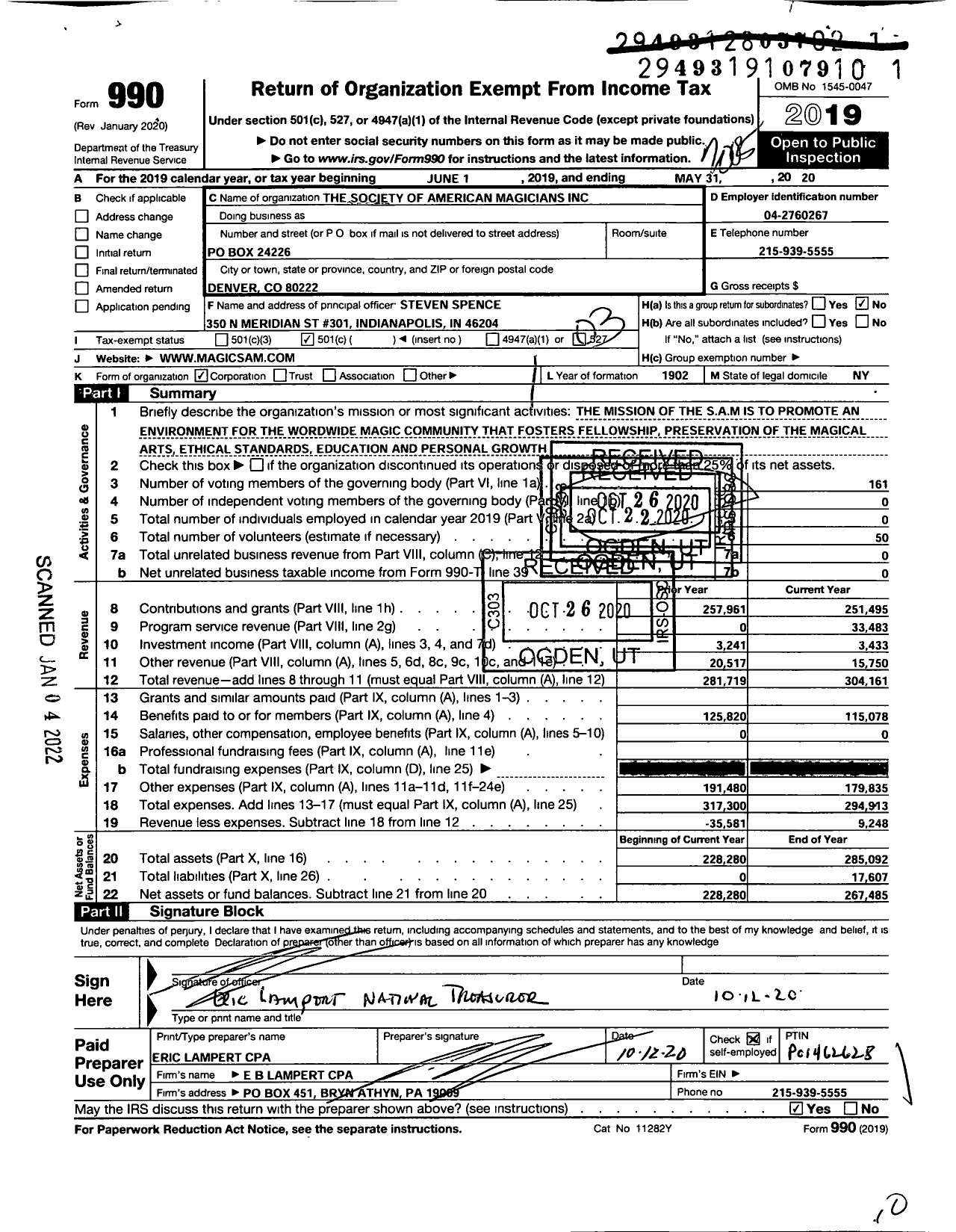 Image of first page of 2019 Form 990 for Society of American Magicians