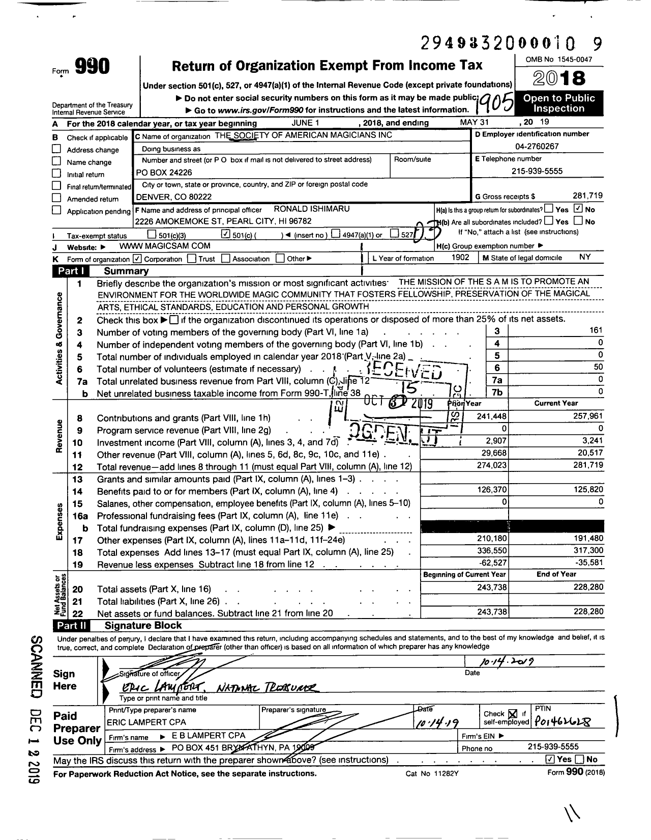 Image of first page of 2018 Form 990 for Society of American Magicians