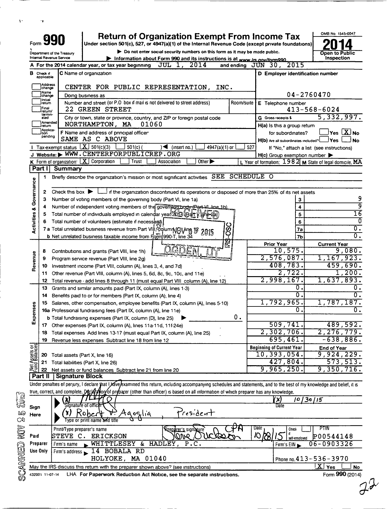 Image of first page of 2014 Form 990 for Center for Public Representation (CPR)
