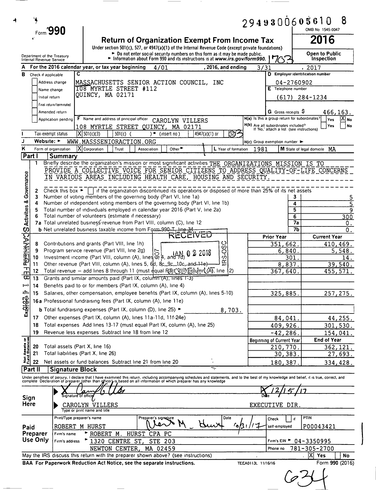 Image of first page of 2016 Form 990 for Massachusetts Senior Action Council