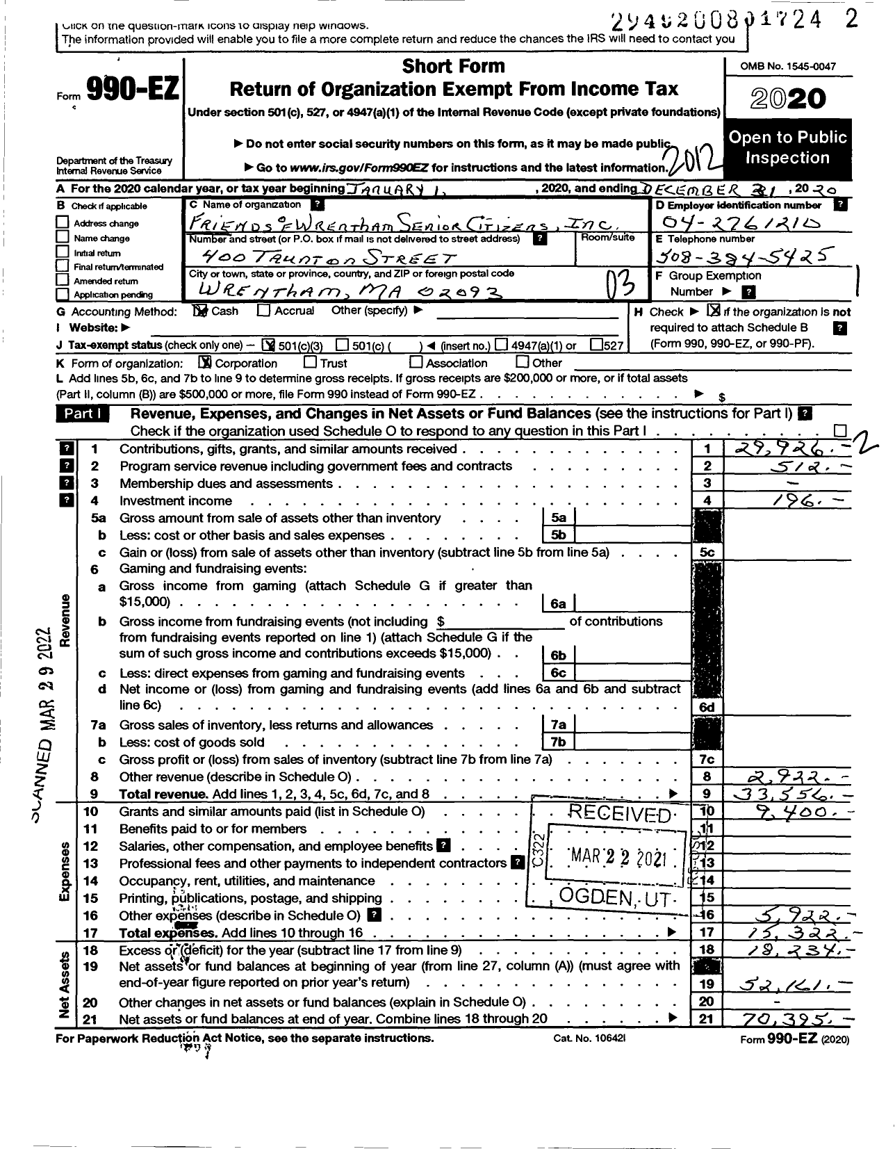 Image of first page of 2020 Form 990EZ for Friends of Wrentham Senior Citizens