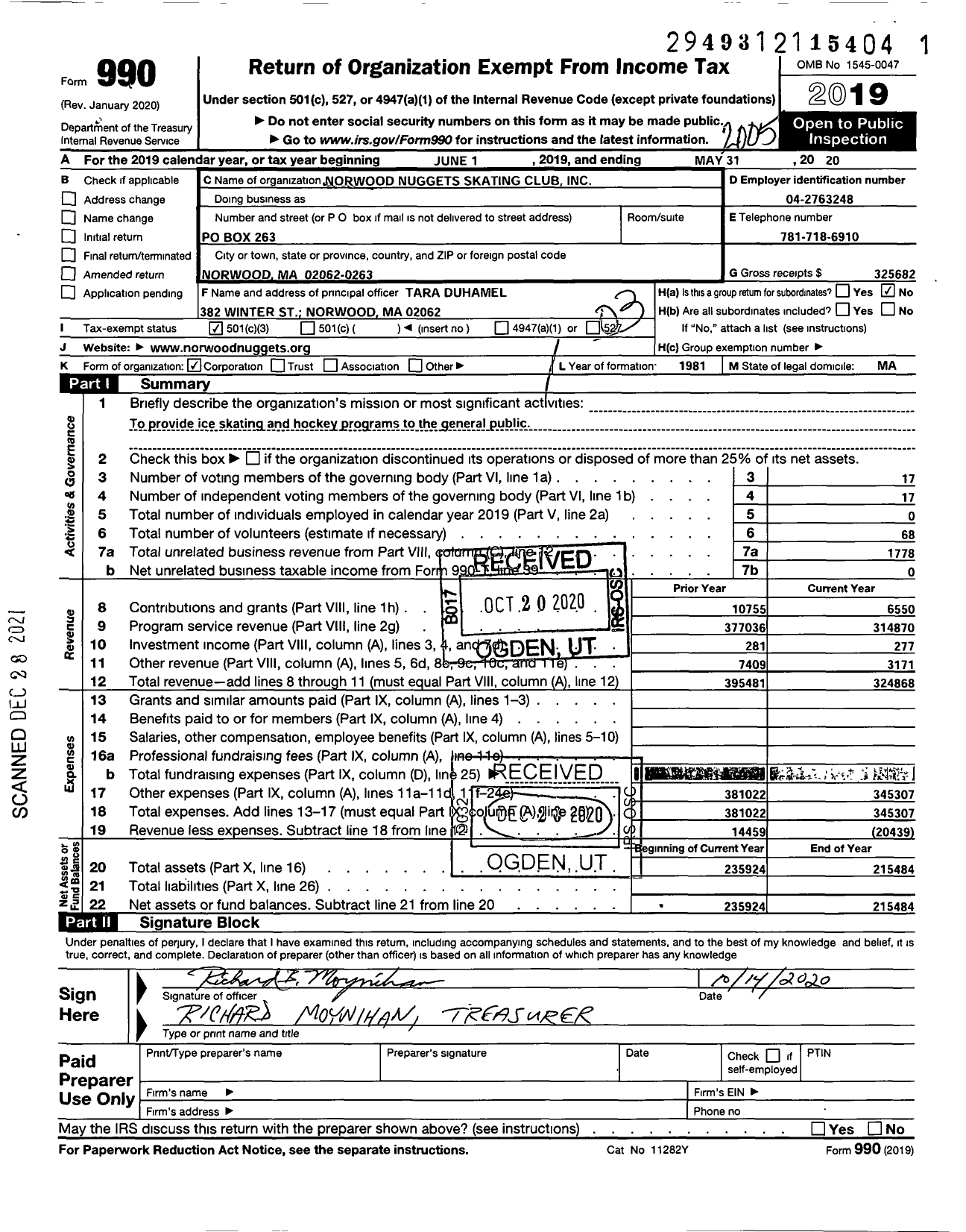 Image of first page of 2019 Form 990 for Norwood Nuggets Skating Club