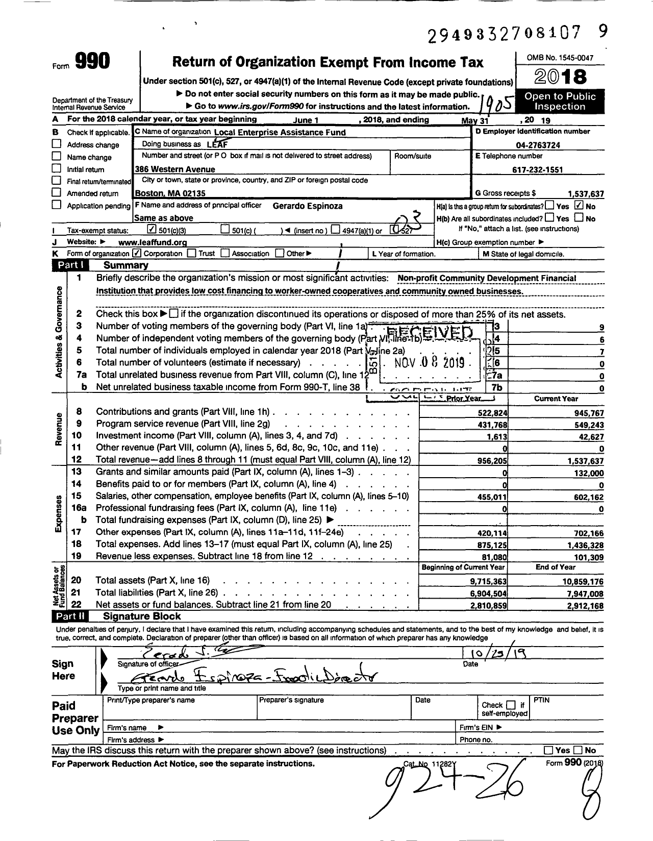 Image of first page of 2018 Form 990 for Local Enterprise Assistance Fund (LEAF)