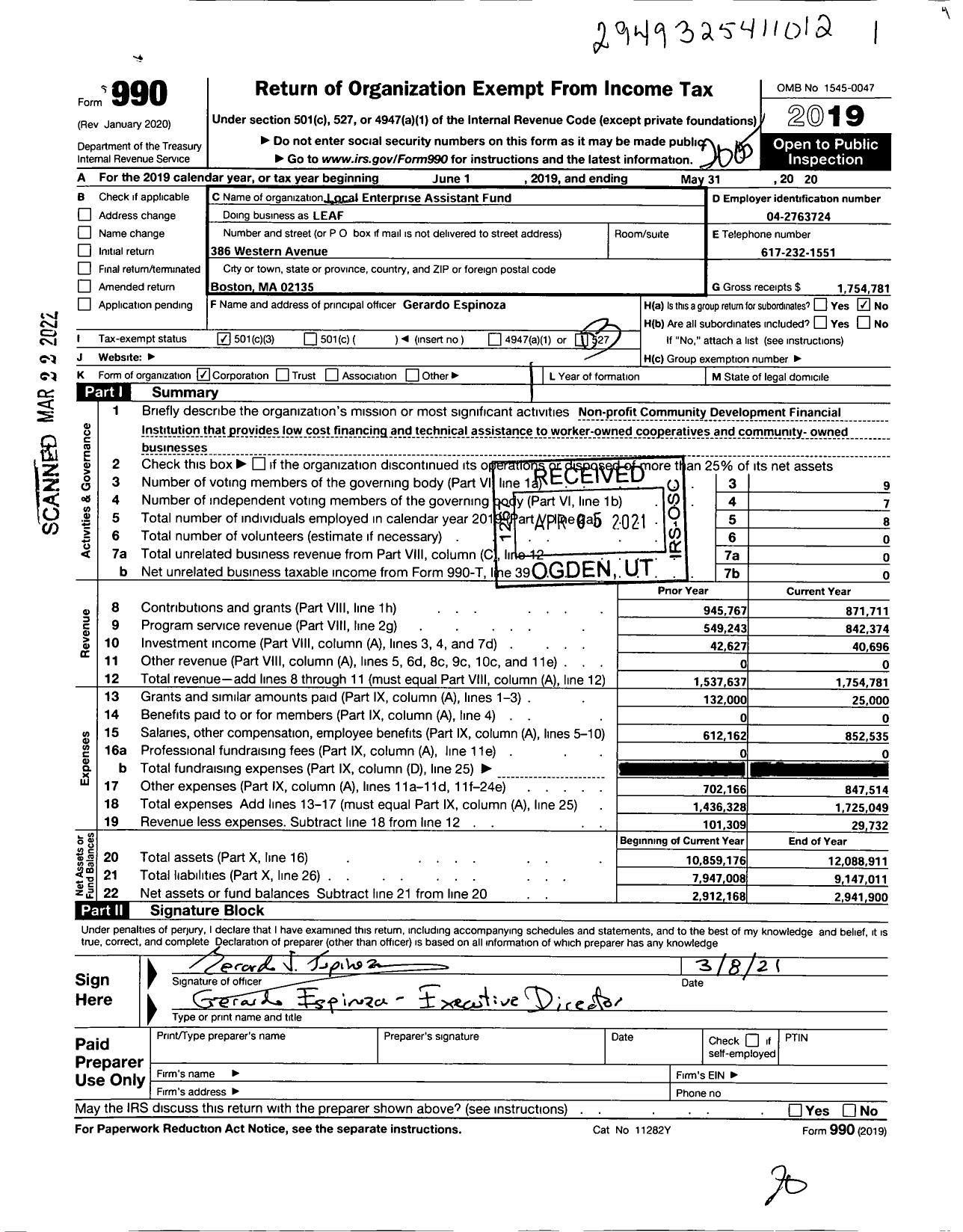 Image of first page of 2019 Form 990 for Local Enterprise Assistance Fund (LEAF)