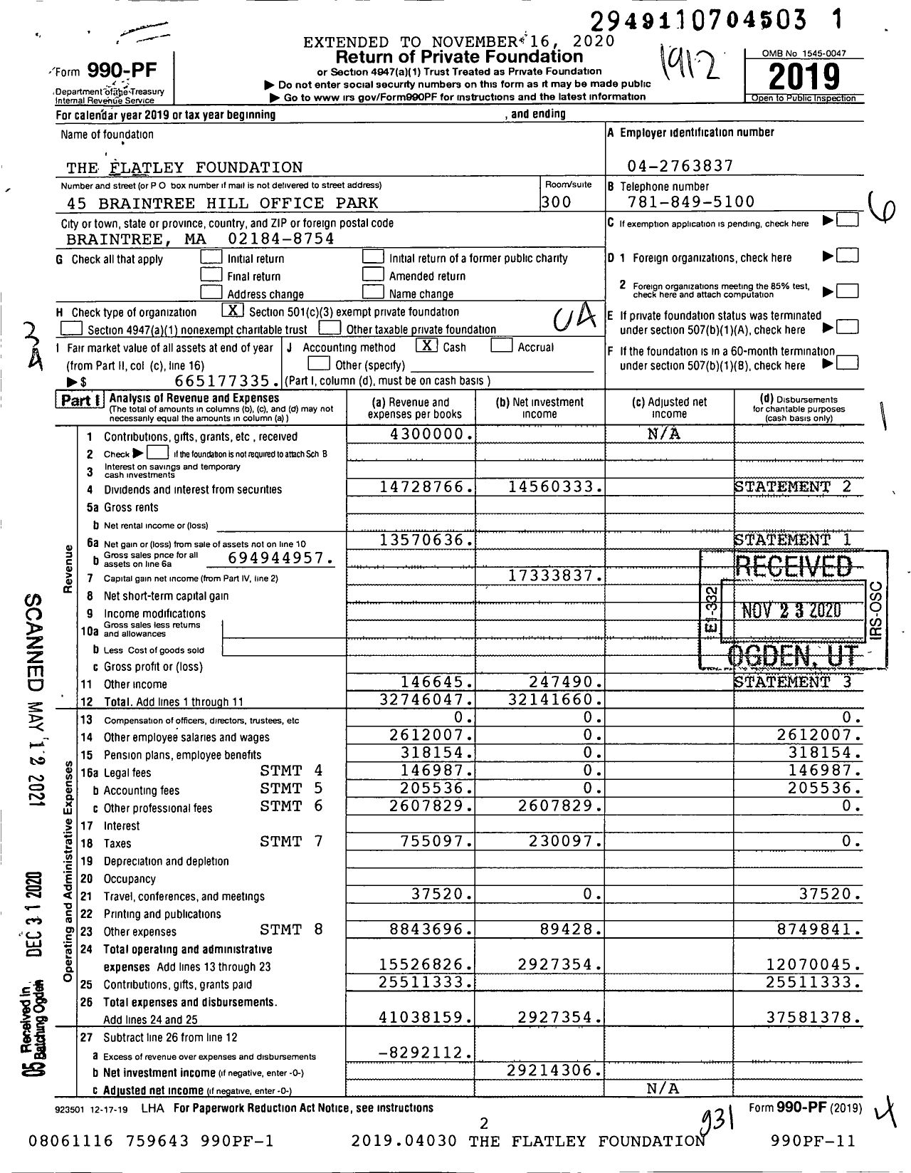 Image of first page of 2019 Form 990PF for Flatley Foundation