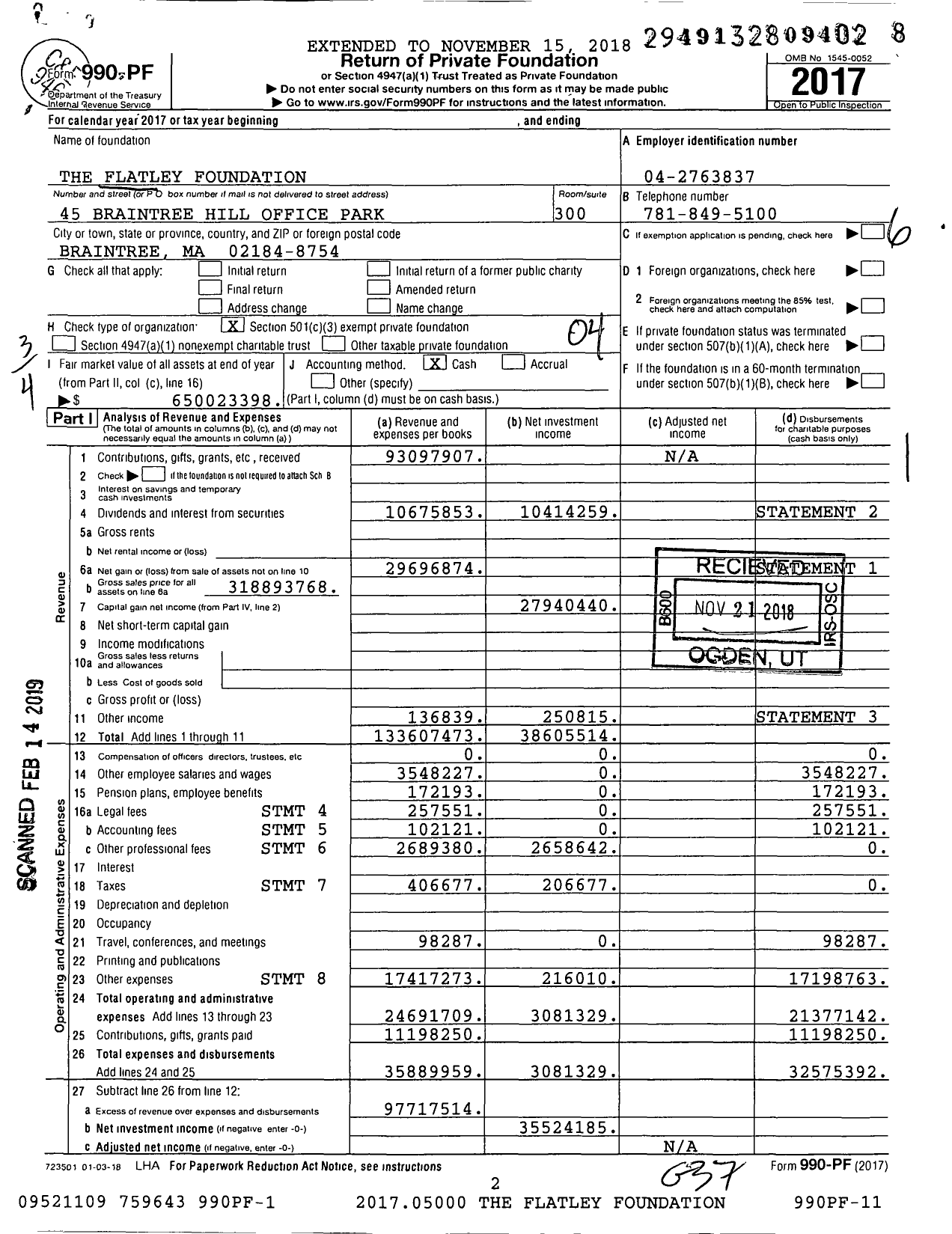 Image of first page of 2017 Form 990PF for Flatley Foundation