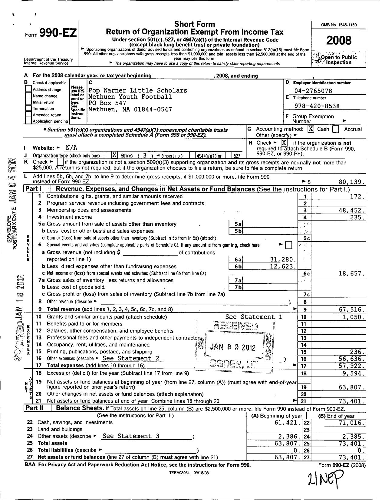 Image of first page of 2008 Form 990EZ for Methuen Youth Football Incorporated