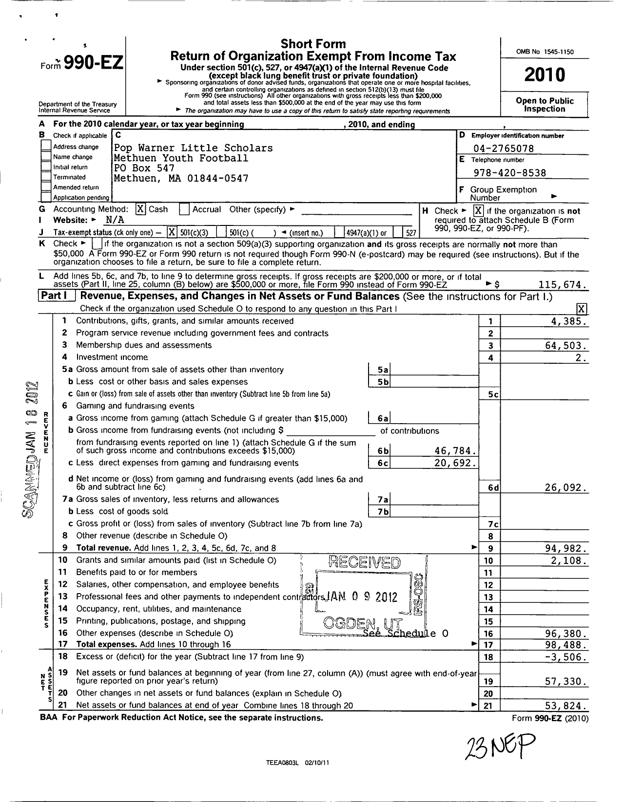 Image of first page of 2010 Form 990EZ for Methuen Youth Football Incorporated