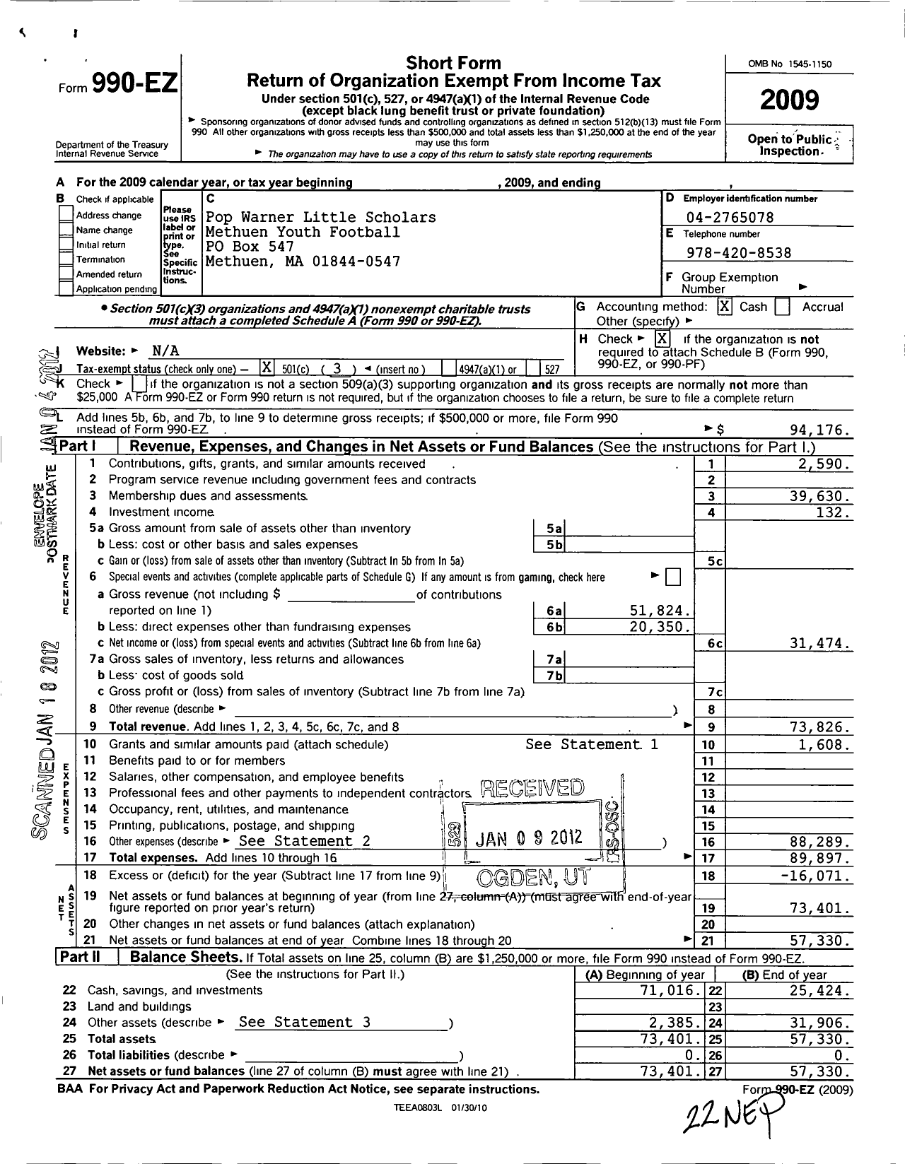 Image of first page of 2009 Form 990EZ for Methuen Youth Football Incorporated