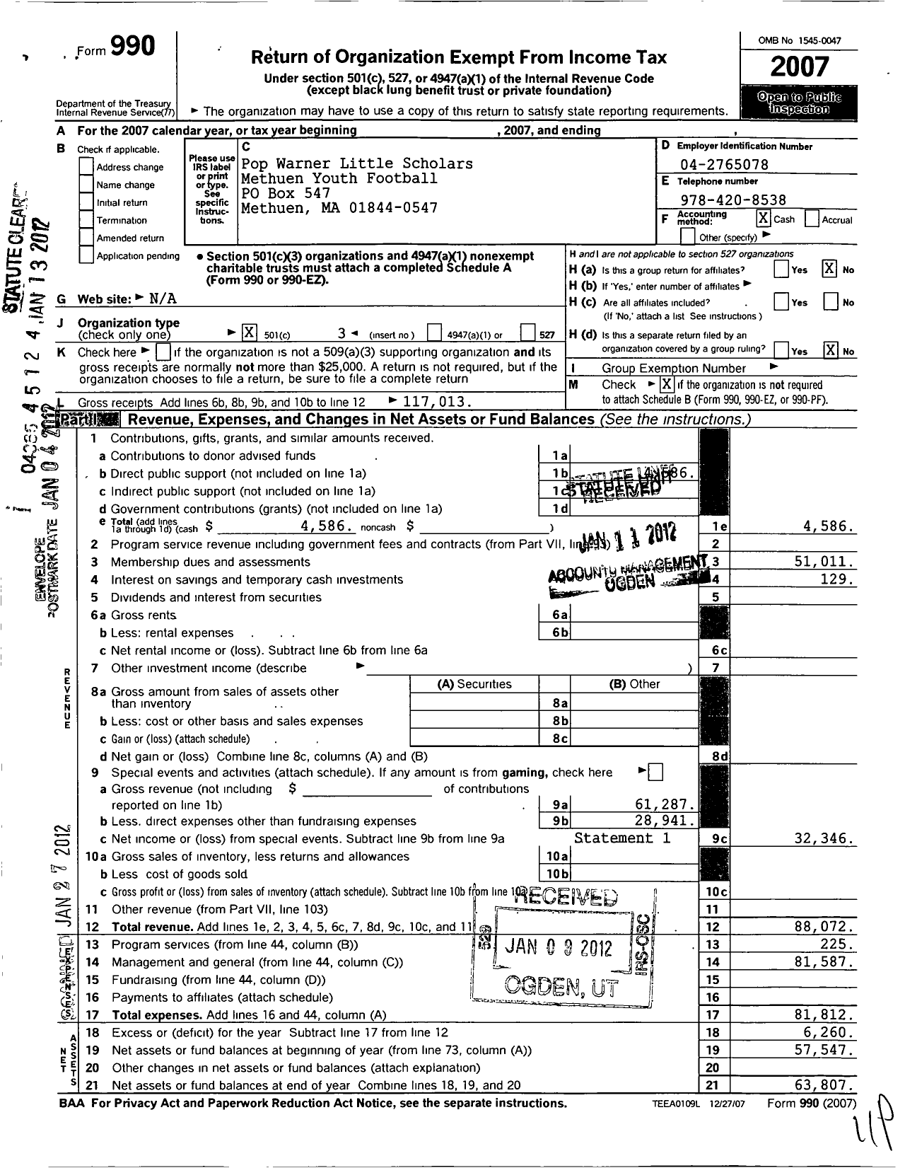 Image of first page of 2007 Form 990 for Methuen Youth Football Incorporated