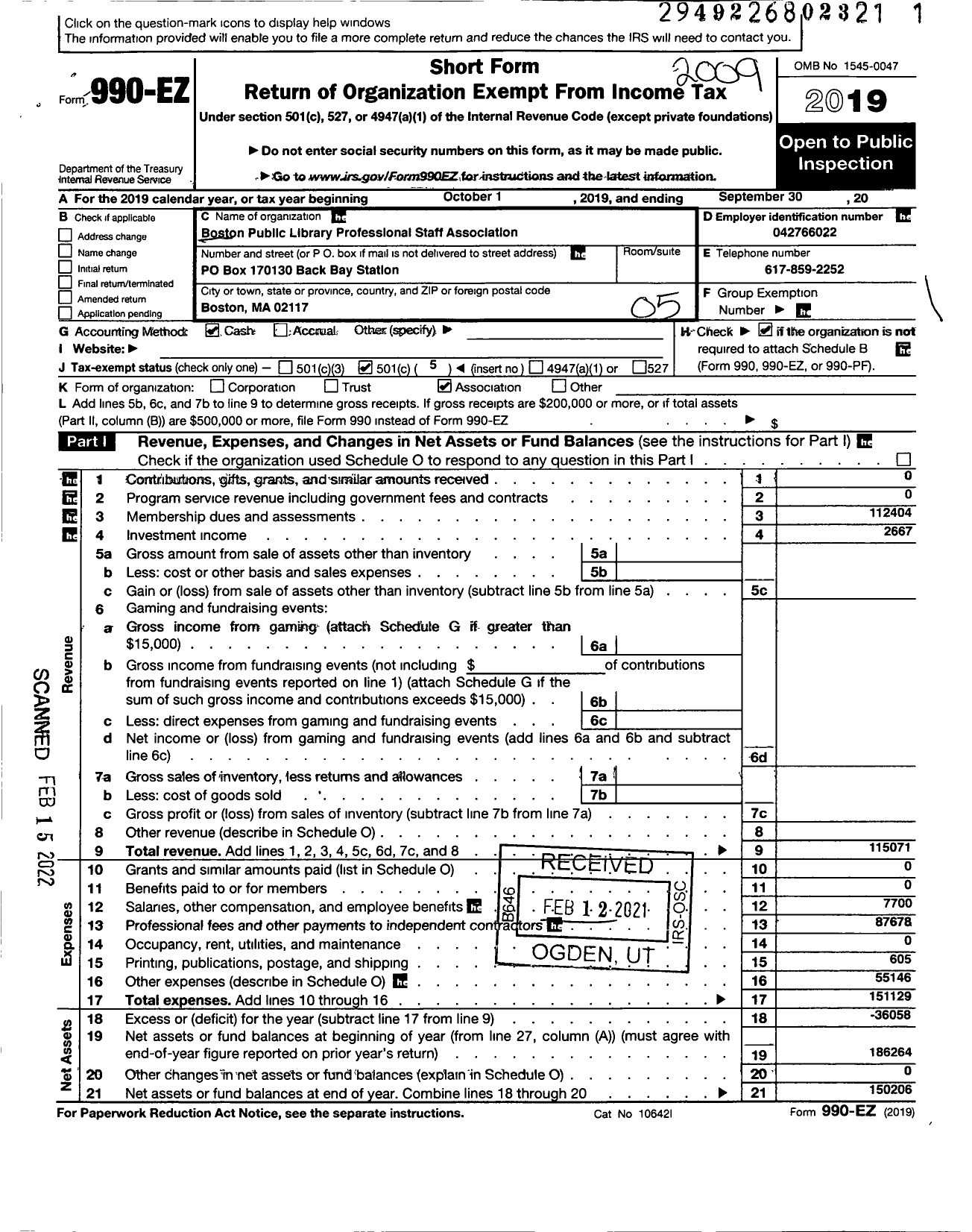 Image of first page of 2019 Form 990EO for Boston Public Library Professional Staff Association