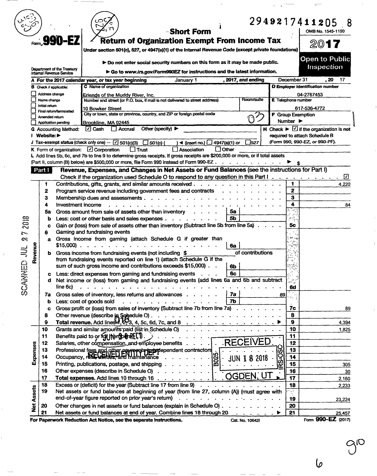 Image of first page of 2017 Form 990EZ for Friends of the Muddy River