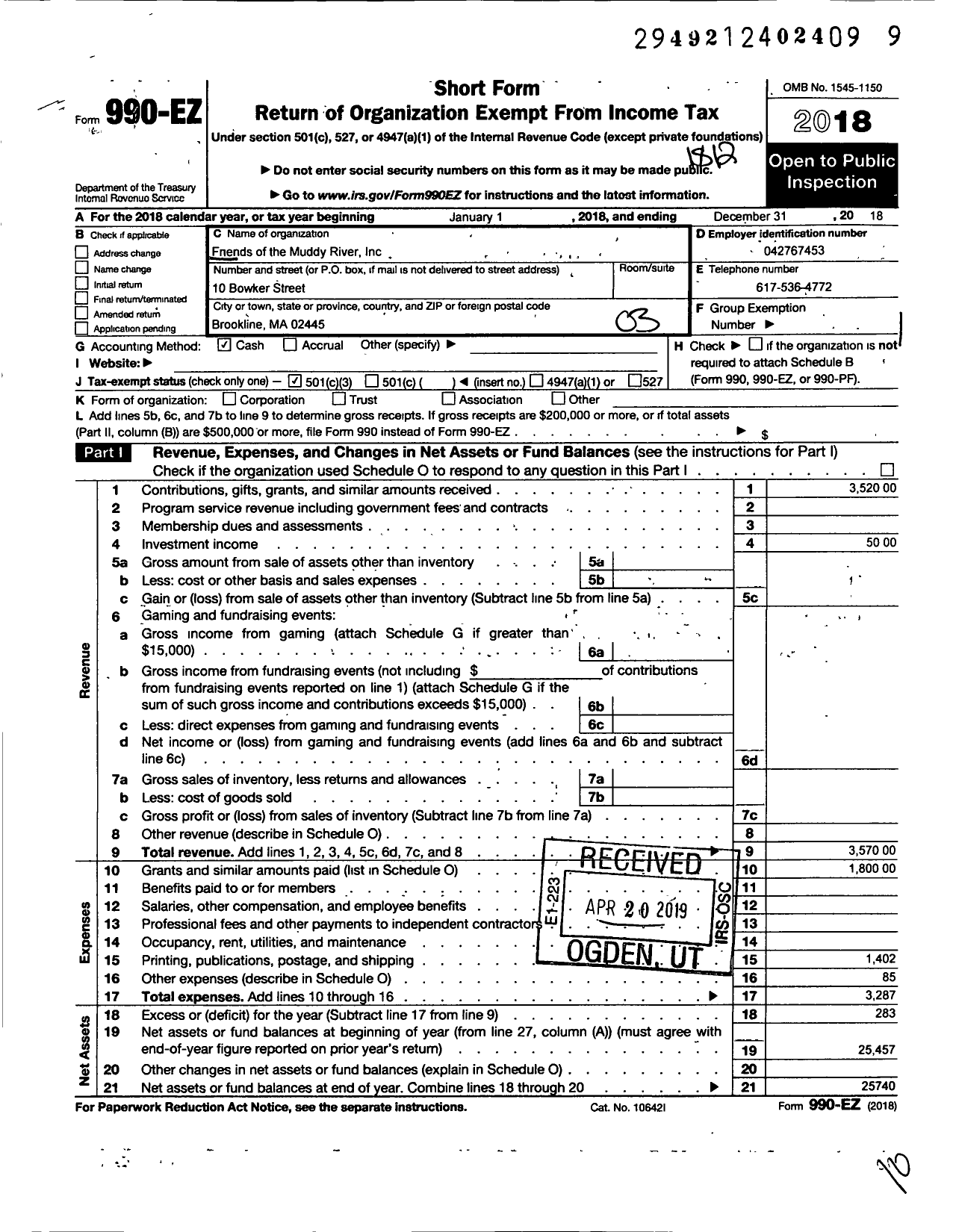 Image of first page of 2018 Form 990EZ for Friends of the Muddy River