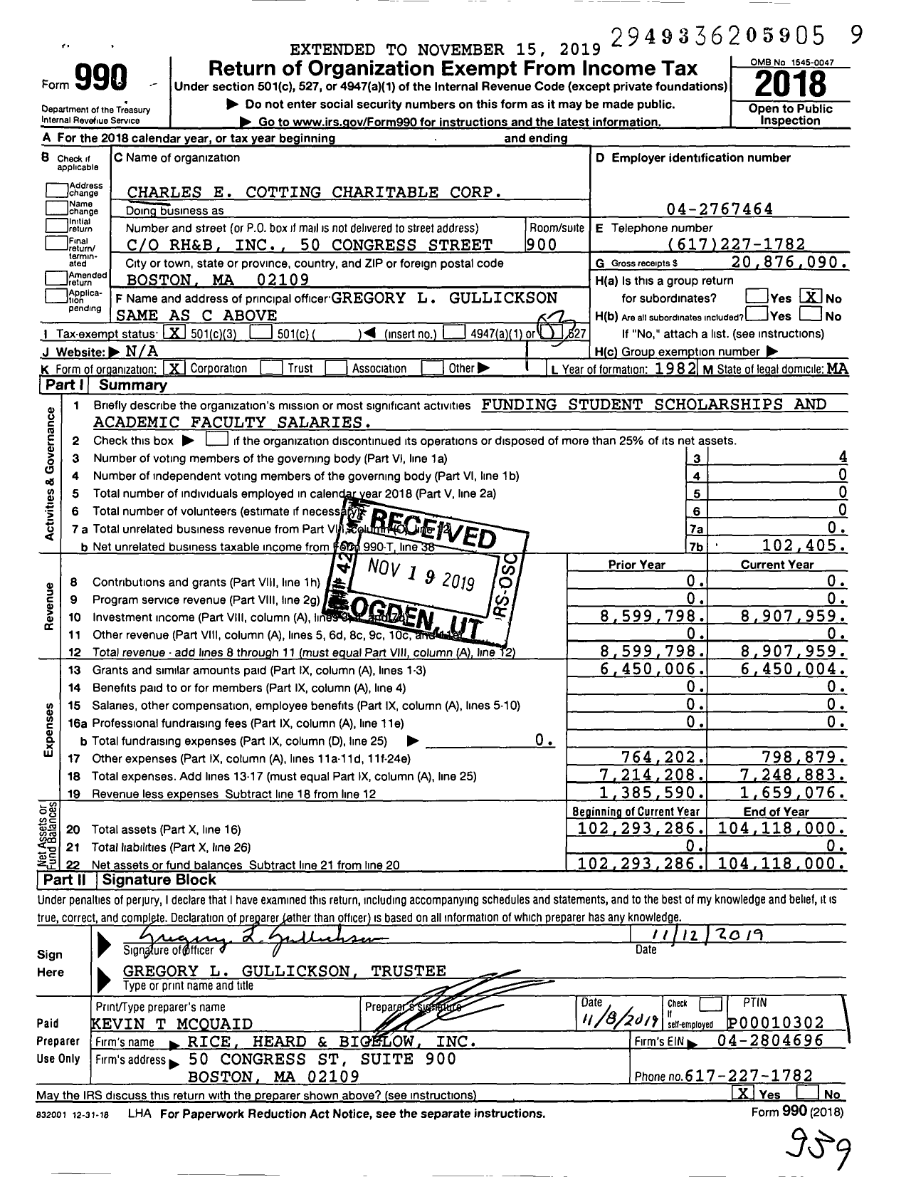 Image of first page of 2018 Form 990 for Charles E. Cotting Charitable Corporation