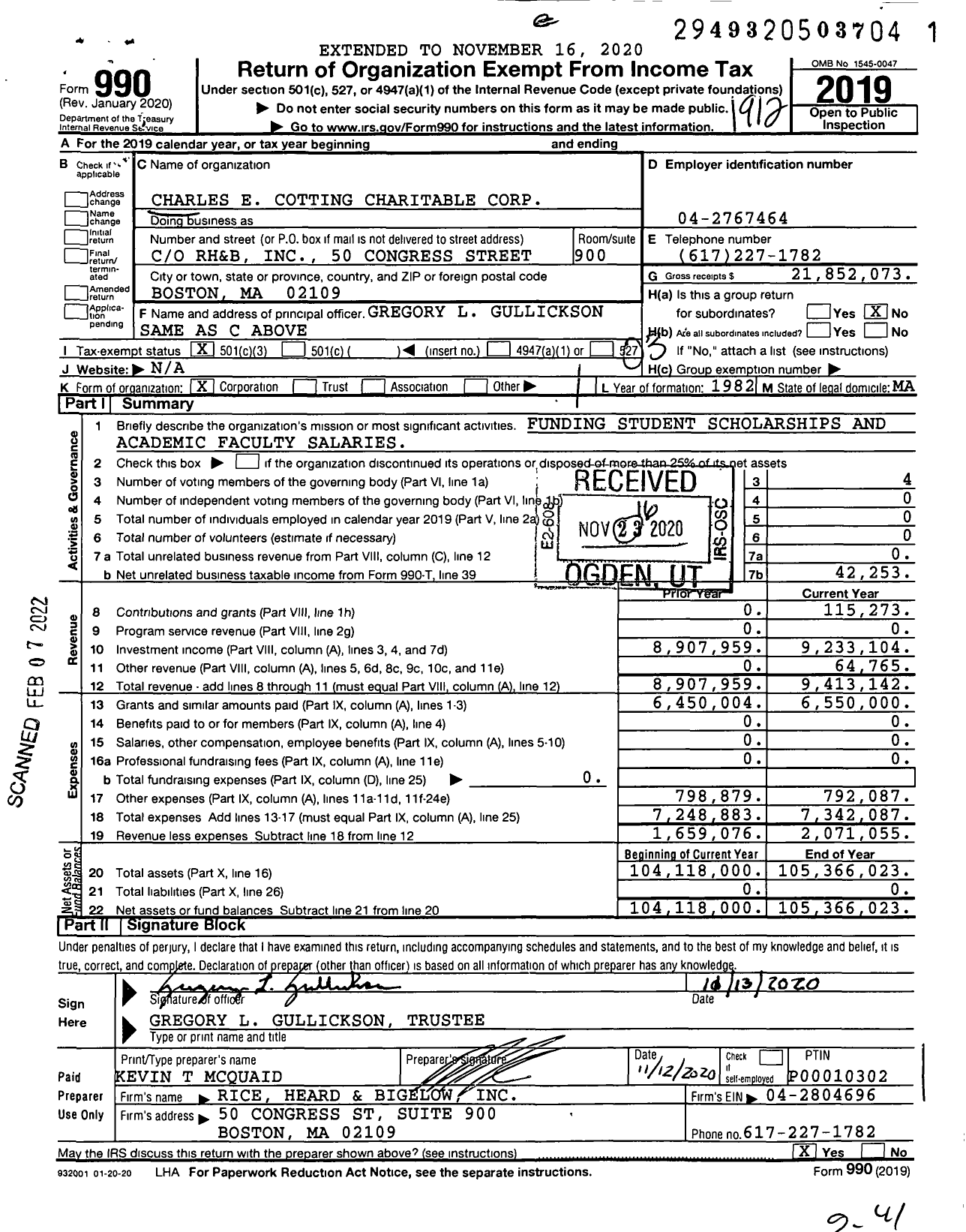Image of first page of 2019 Form 990 for Charles E. Cotting Charitable Corporation