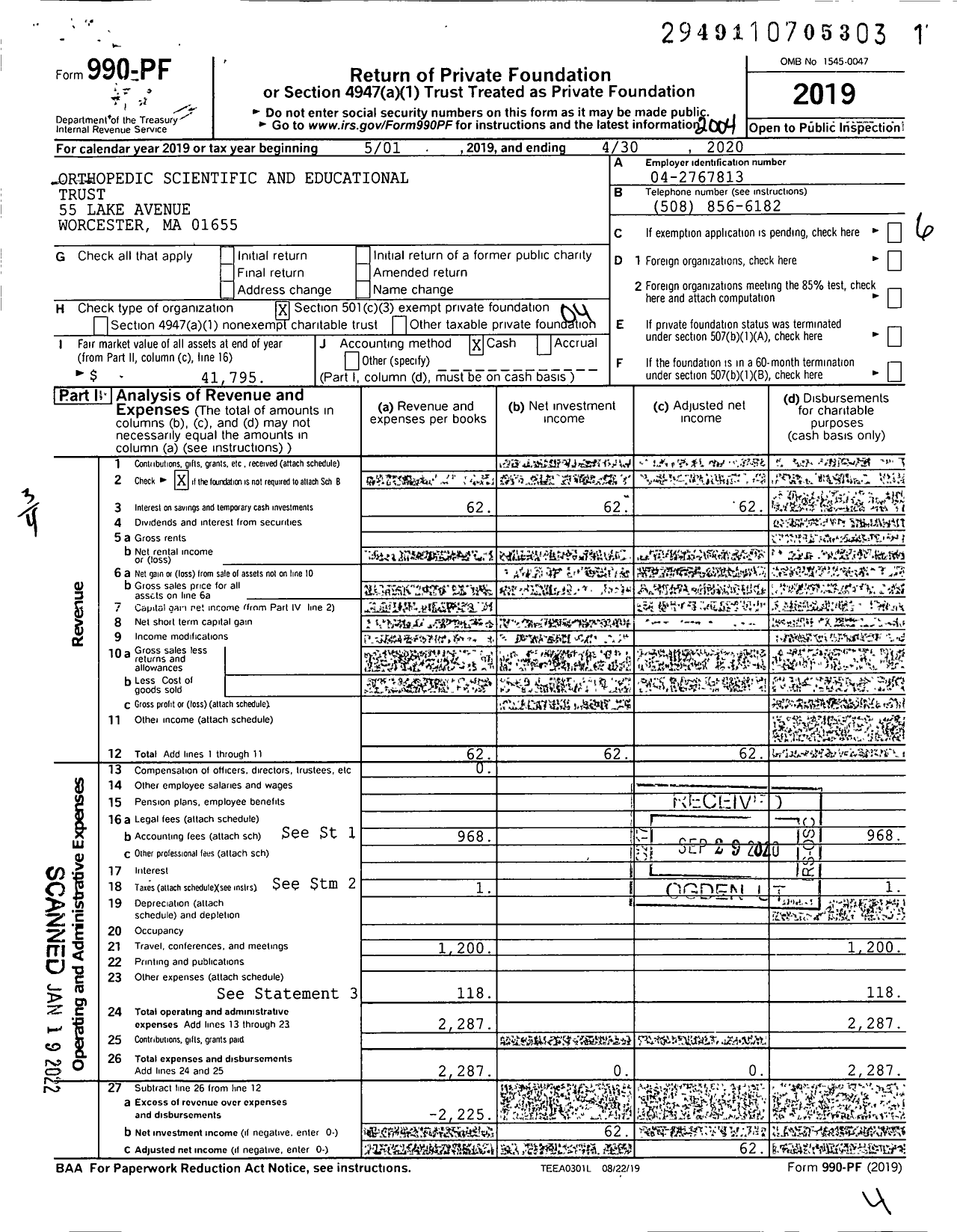 Image of first page of 2019 Form 990PF for Orthopedic Scientific and Educational Trust