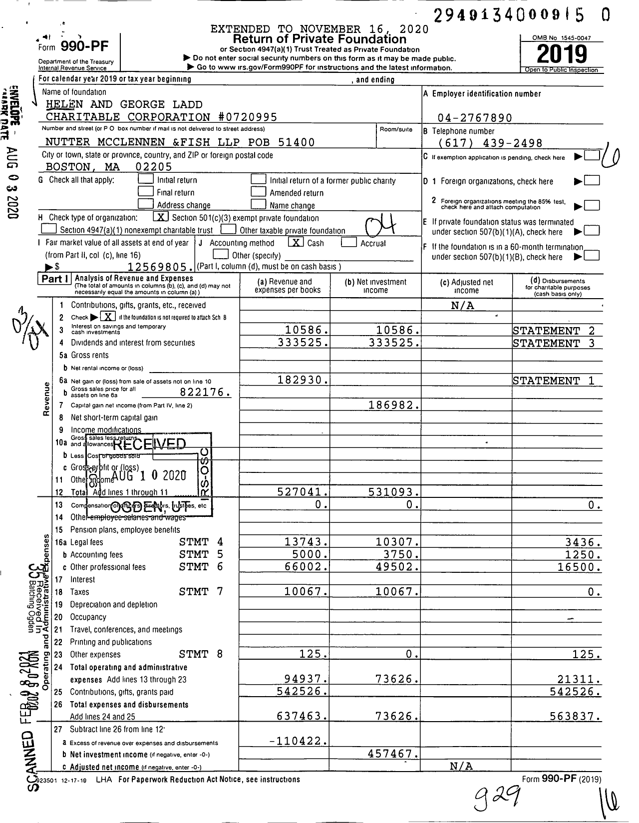 Image of first page of 2019 Form 990PF for Helen and George Ladd Charitable Corporation #0720995