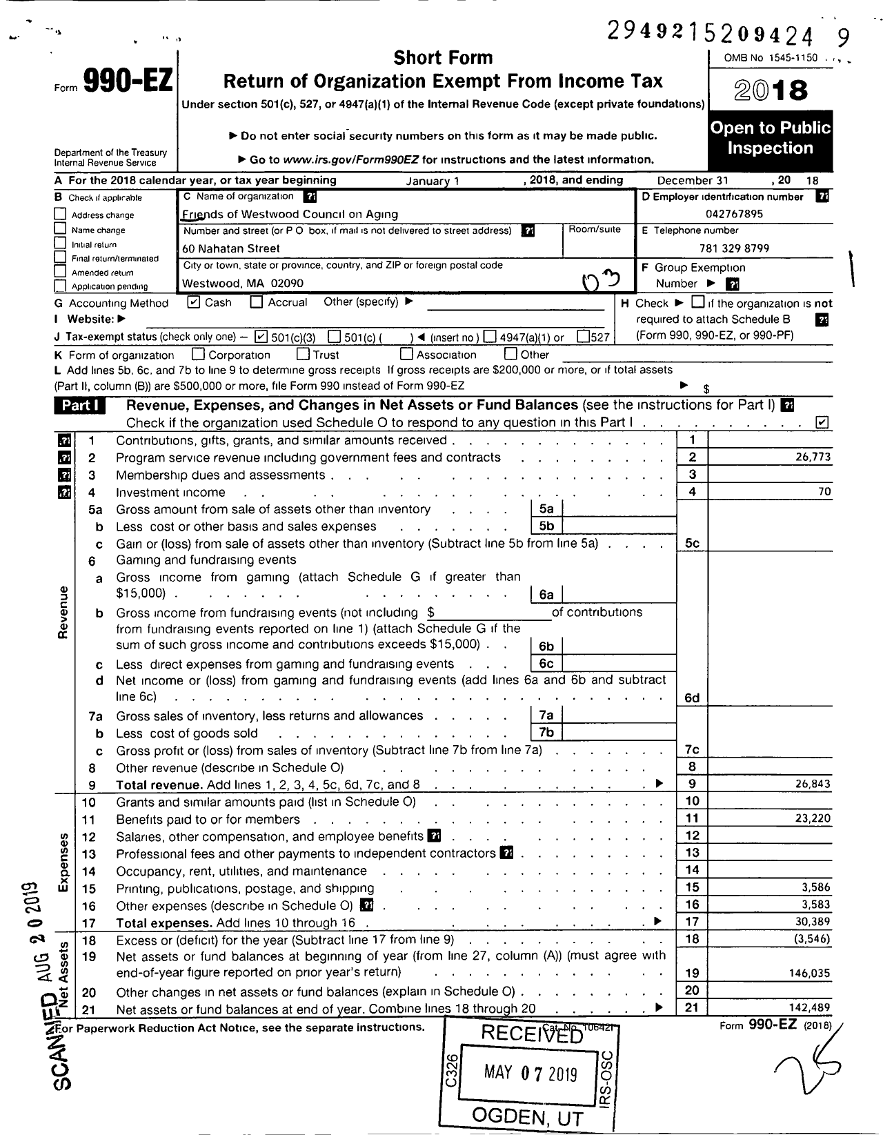 Image of first page of 2018 Form 990EZ for Friends of Westwood Council on Aging
