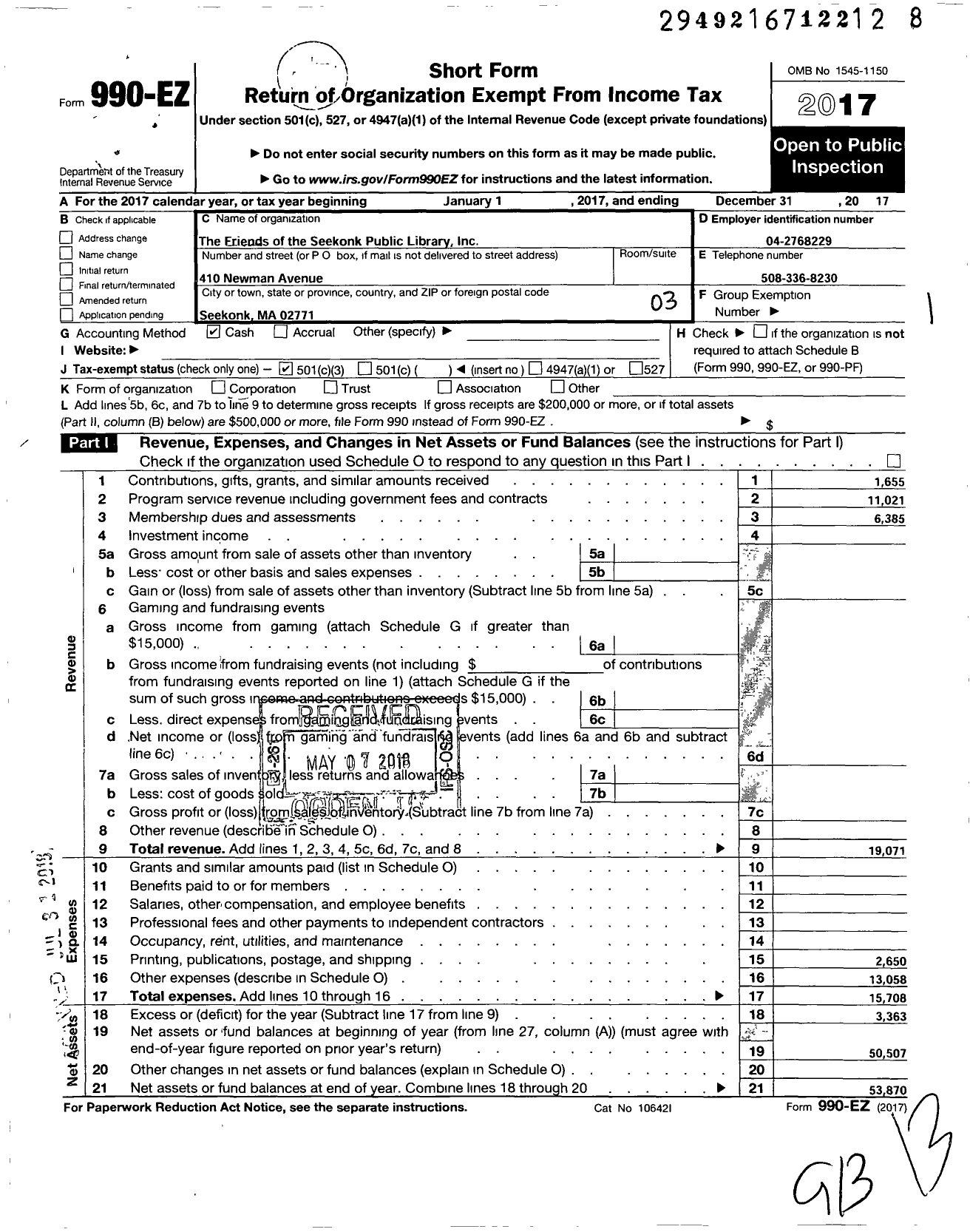 Image of first page of 2017 Form 990EZ for Friends of the Seekonk Public Library