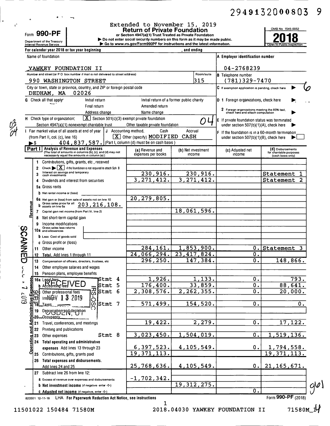 Image of first page of 2018 Form 990PF for Yawkey Foundation II