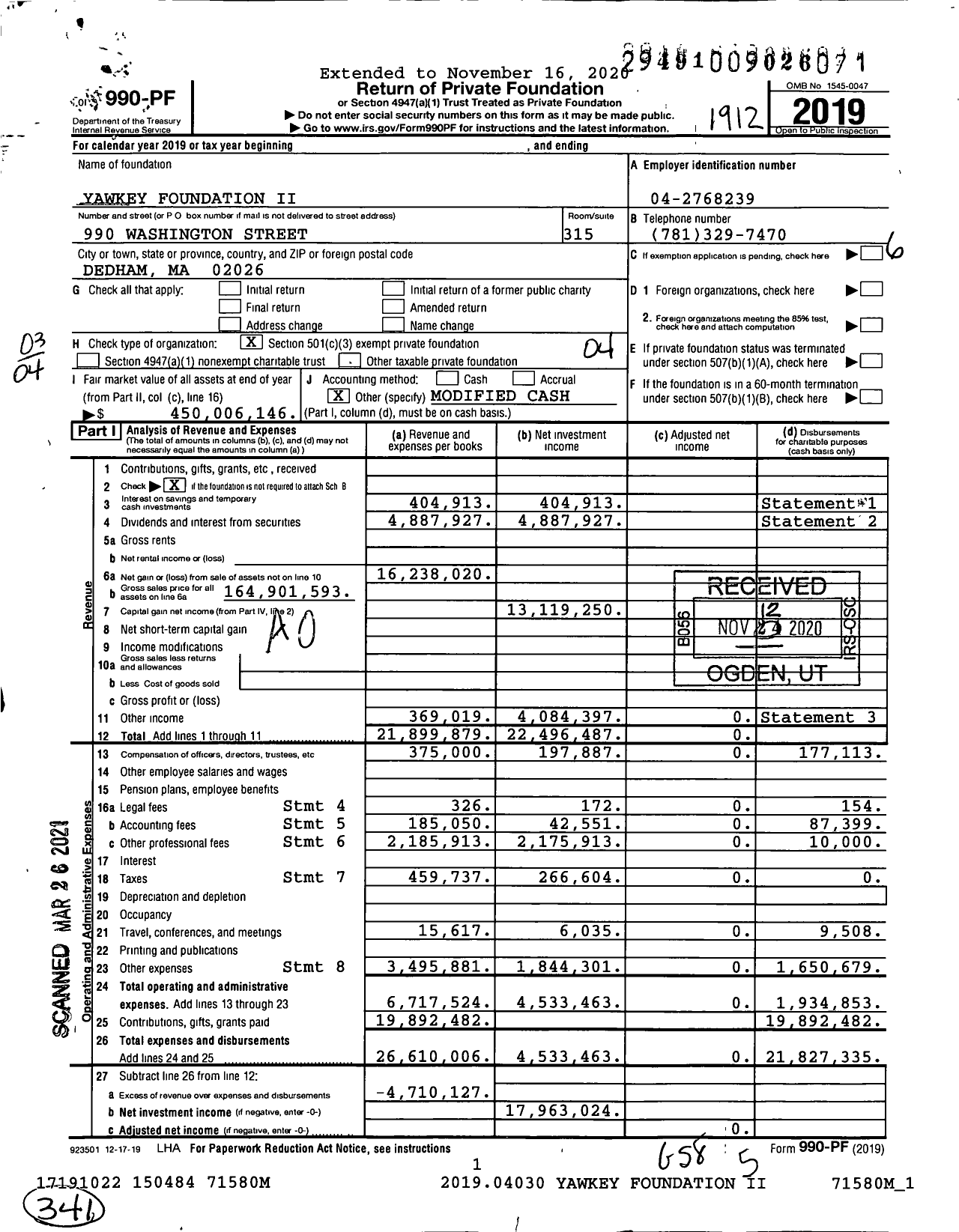 Image of first page of 2019 Form 990PF for Yawkey Foundation II