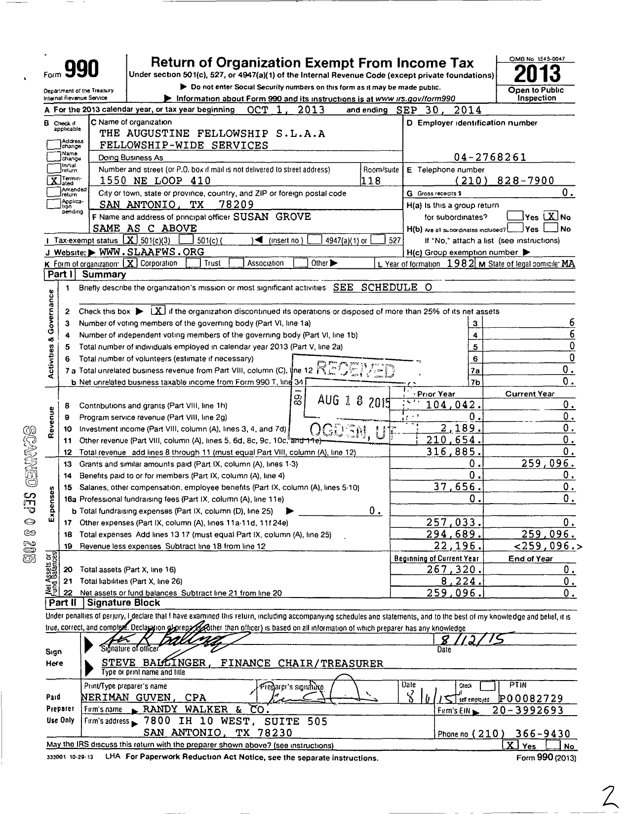 Image of first page of 2013 Form 990 for Augustine Fellowship Sex and Love Addicts Anonymous Fellowship Wide Servic