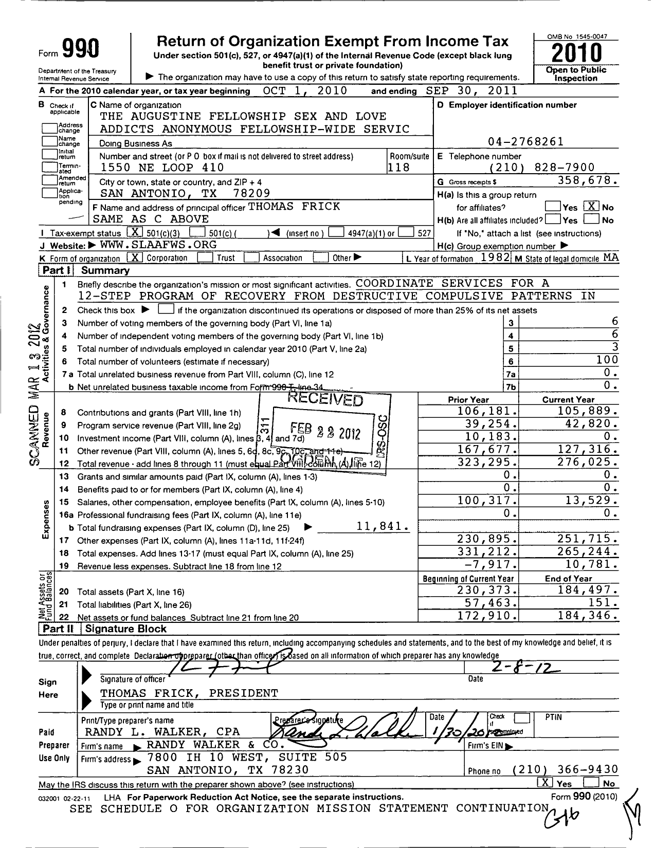 Image of first page of 2010 Form 990 for Augustine Fellowship Sex and Love Addicts Anonymous Fellowship Wide Servic