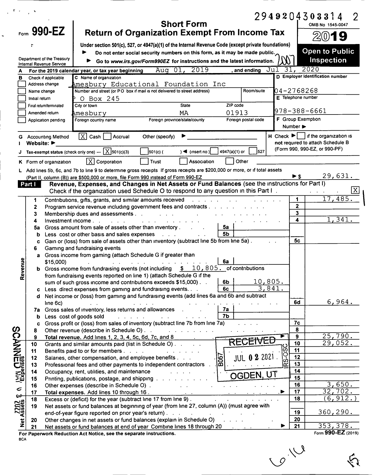 Image of first page of 2019 Form 990EZ for Amesbury Educational Foundation