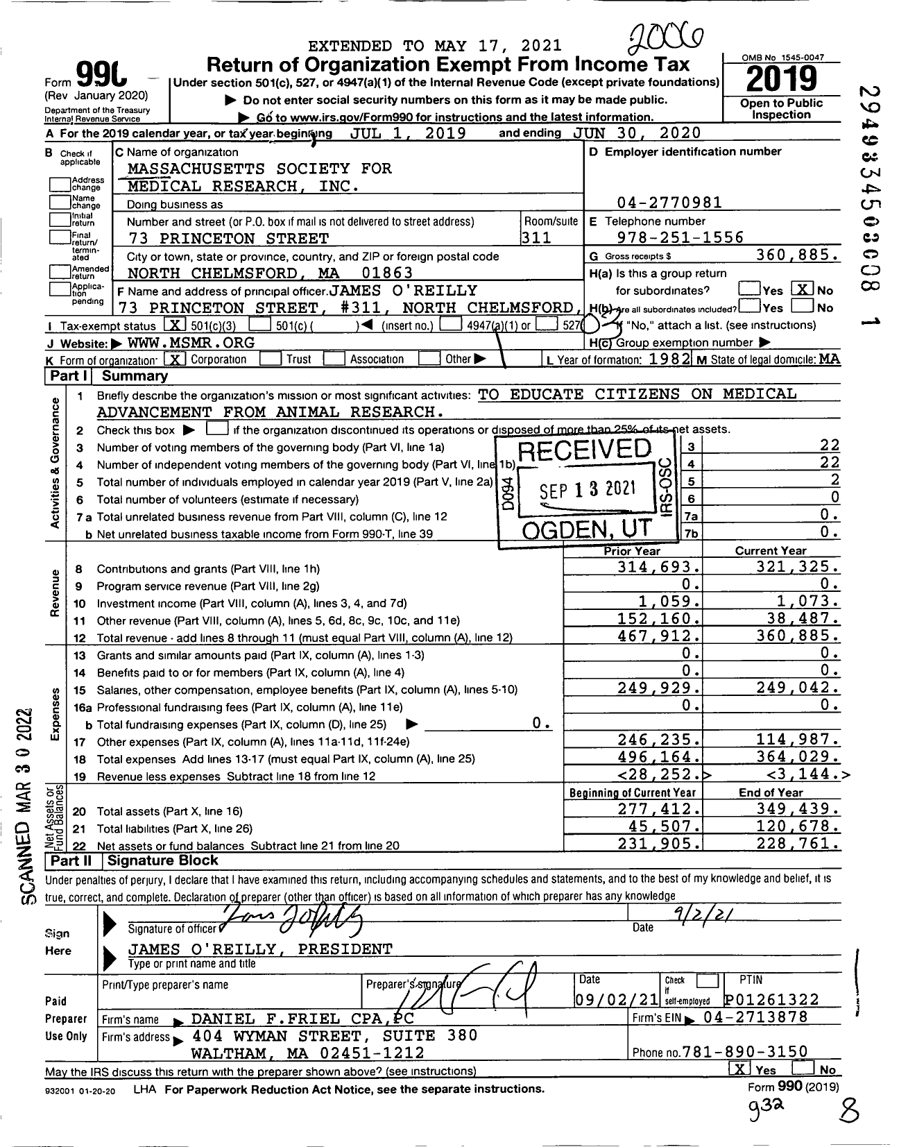 Image of first page of 2019 Form 990 for Massachusetts Society for Medical Research