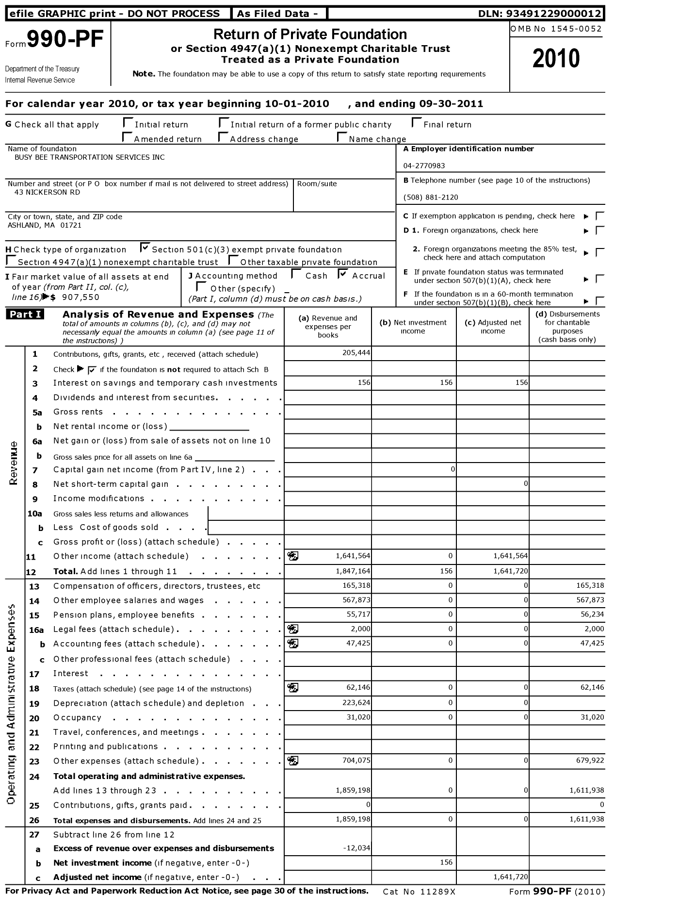 Image of first page of 2010 Form 990PF for Busy Bee Transportation Services