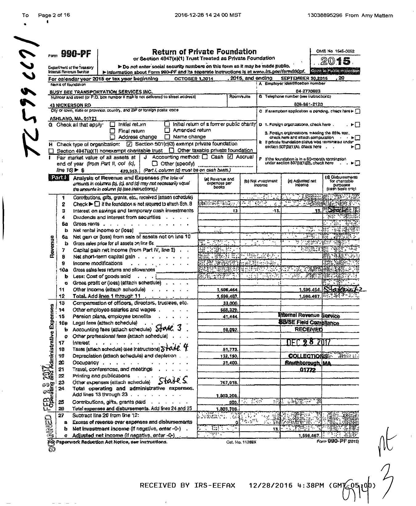 Image of first page of 2014 Form 990PF for Busy Bee Transportation Services