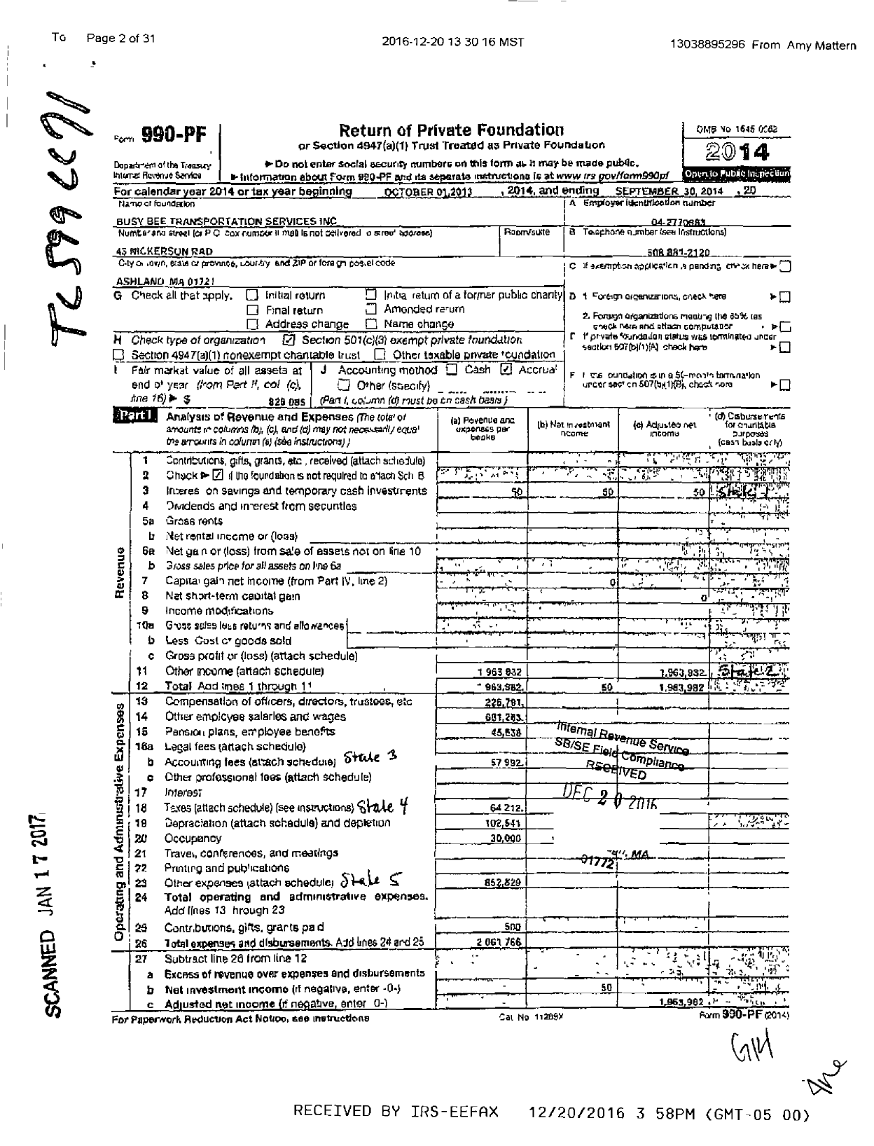 Image of first page of 2013 Form 990PF for Busy Bee Transportation Services