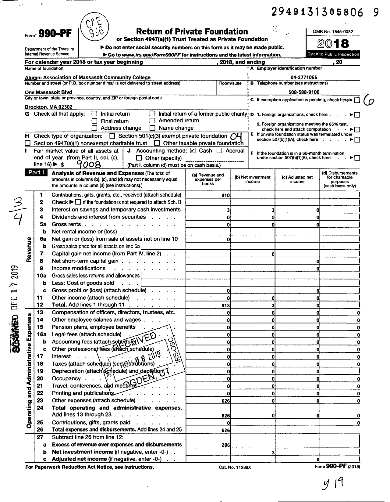 Image of first page of 2018 Form 990PF for Alumni Association of Massasoit Community College