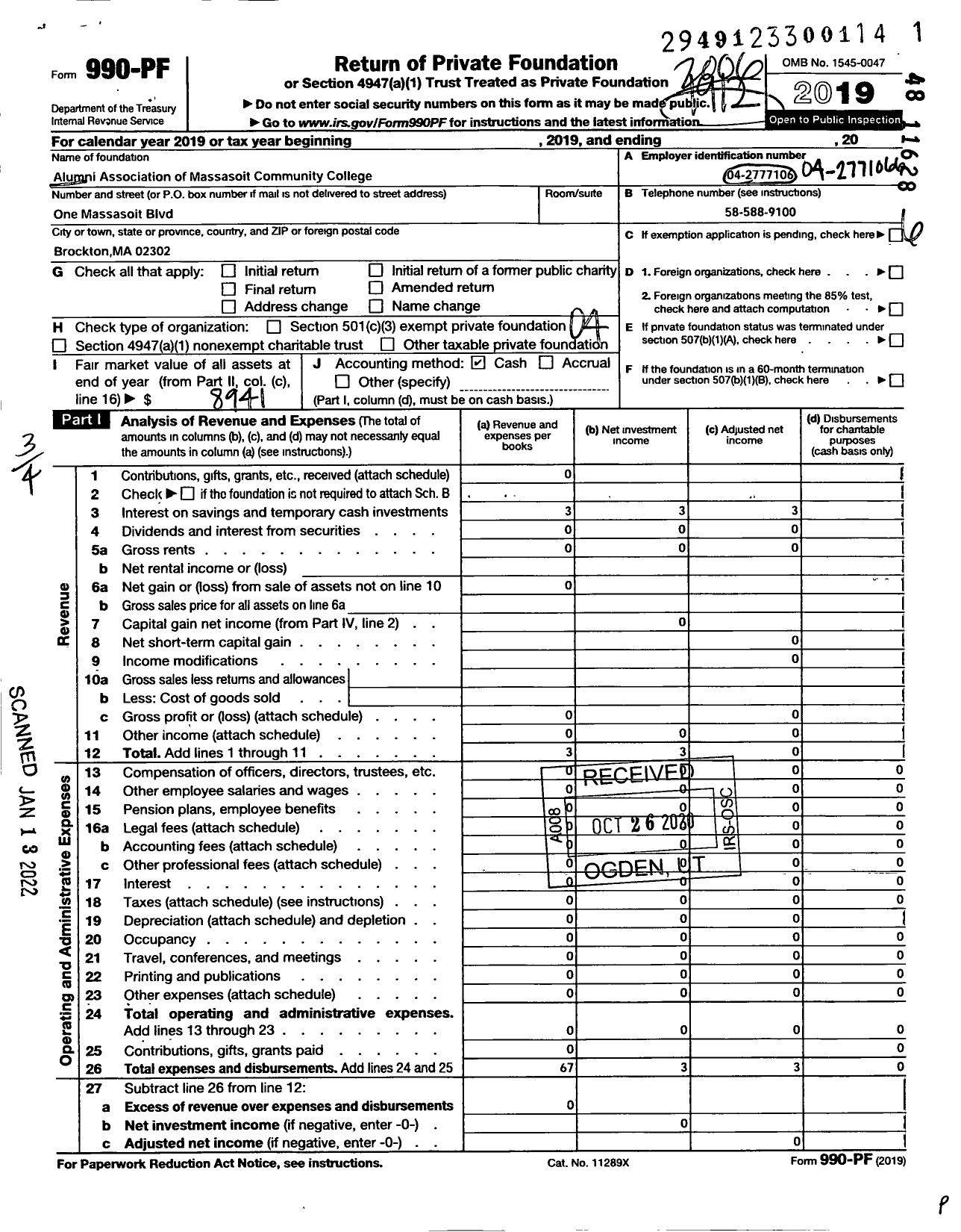 Image of first page of 2019 Form 990PF for Alumni Association of Massasoit Community College