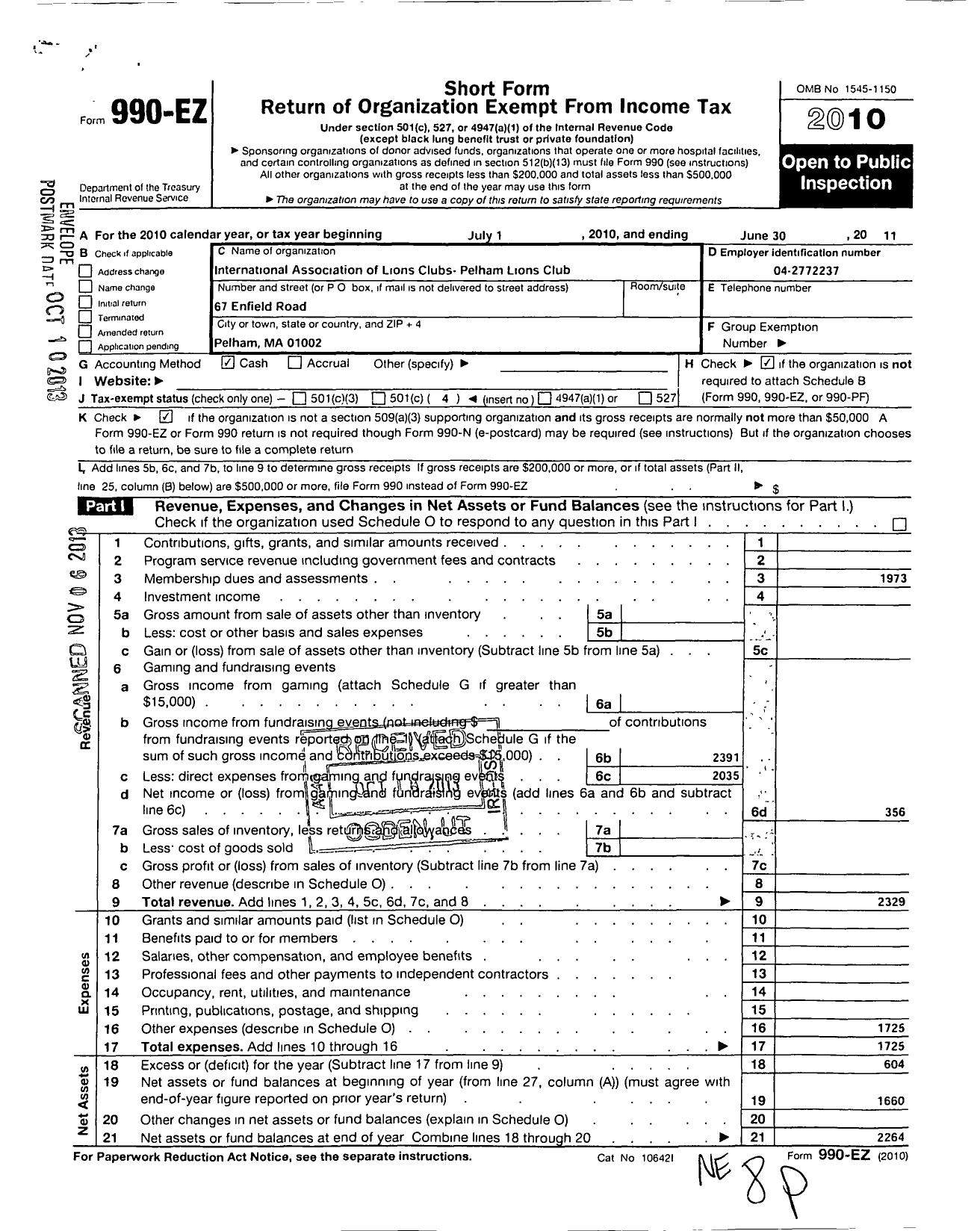 Image of first page of 2010 Form 990EO for International Association of Lions Clubs / 41332 Pelham Lions Club