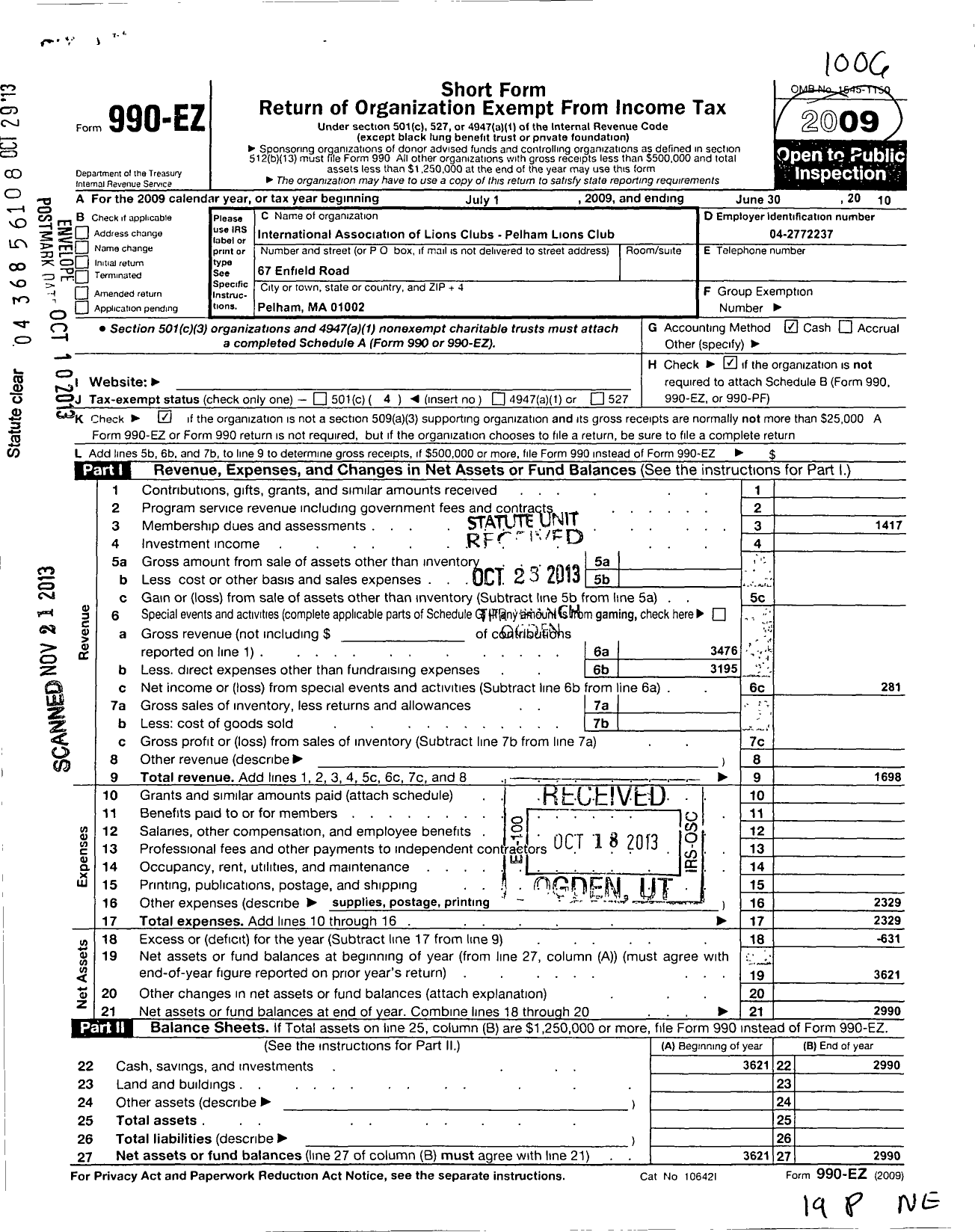 Image of first page of 2009 Form 990EO for International Association of Lions Clubs / 41332 Pelham Lions Club