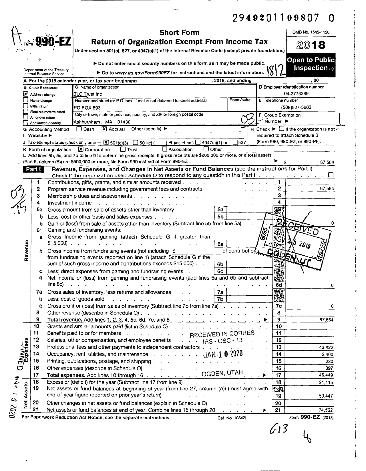 Image of first page of 2018 Form 990EZ for TLC Trust