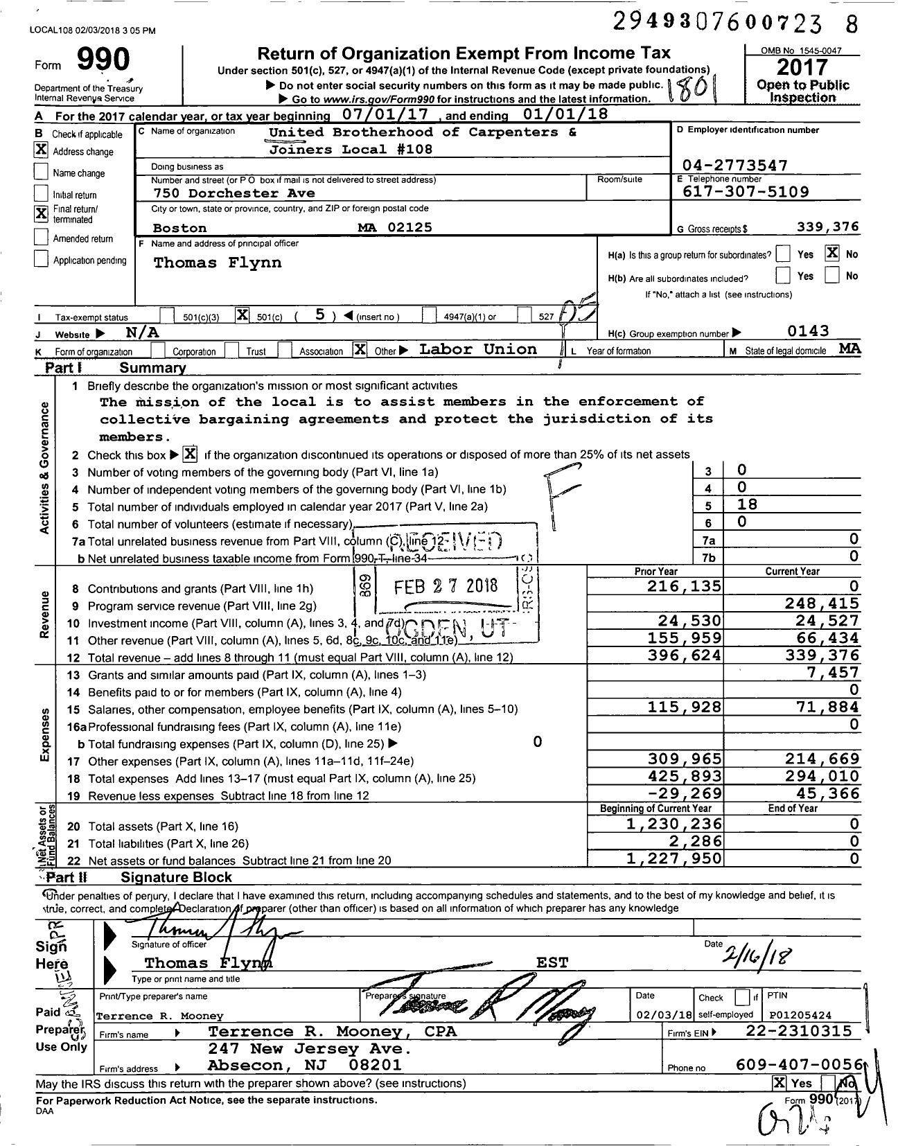 Image of first page of 2017 Form 990O for United Brotherhood of Carpenters and Joiners of America Local 108