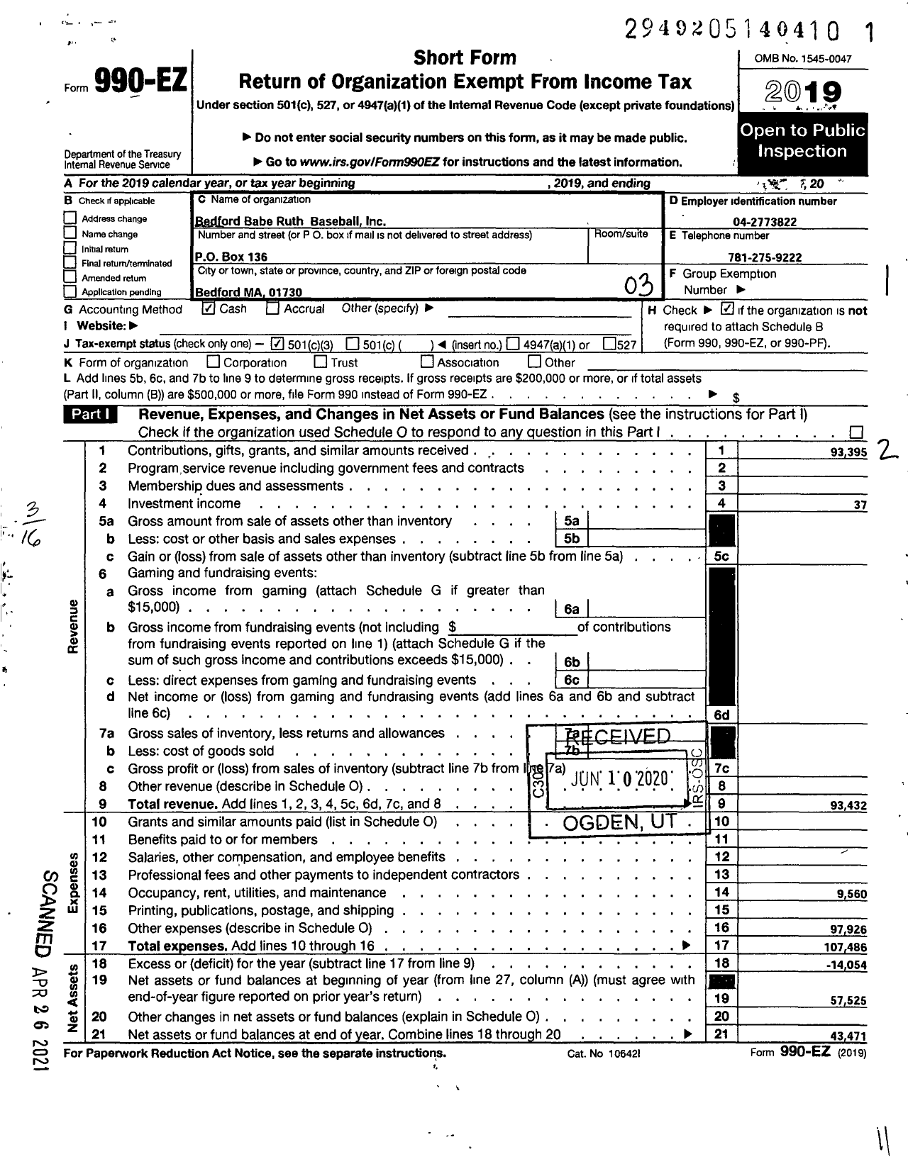 Image of first page of 2019 Form 990EZ for Bedford Babe Ruth Baseball