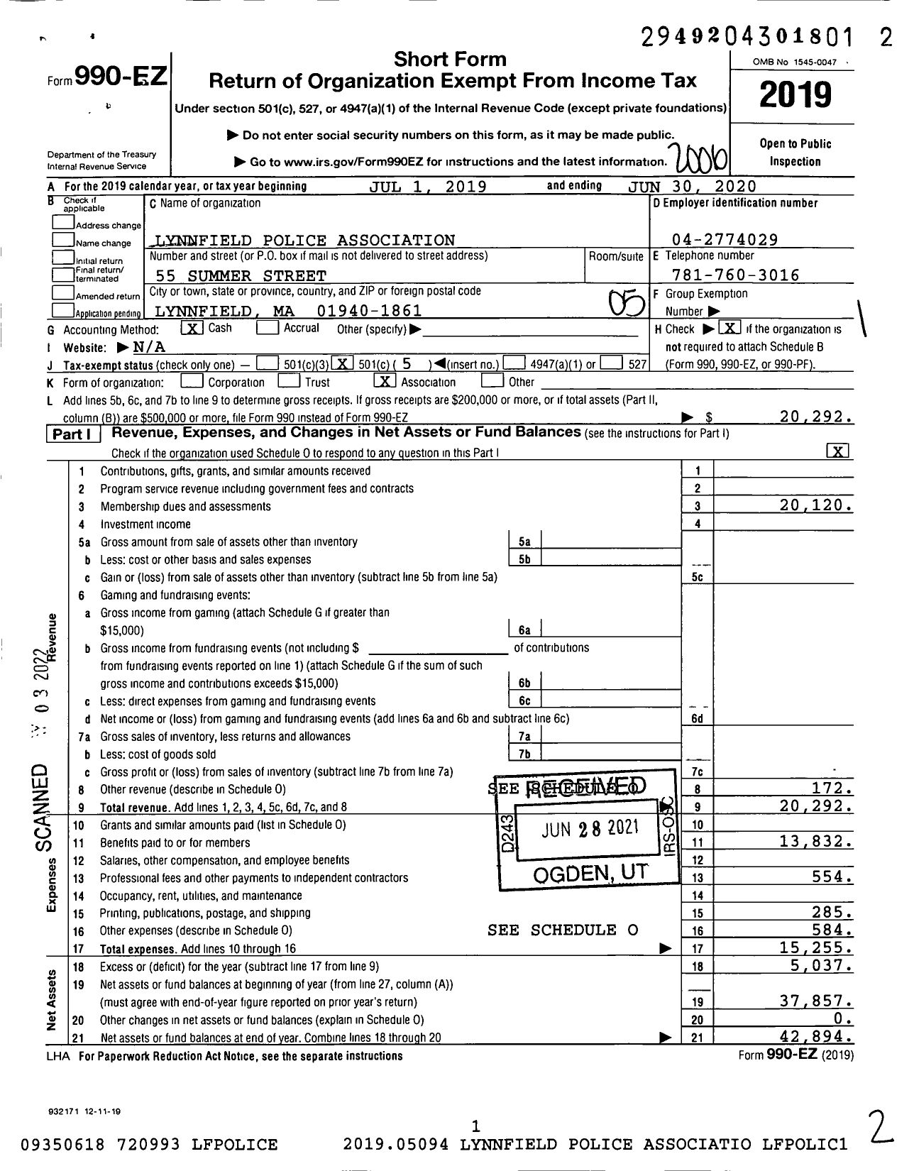 Image of first page of 2019 Form 990EO for Lynnfield Police Association