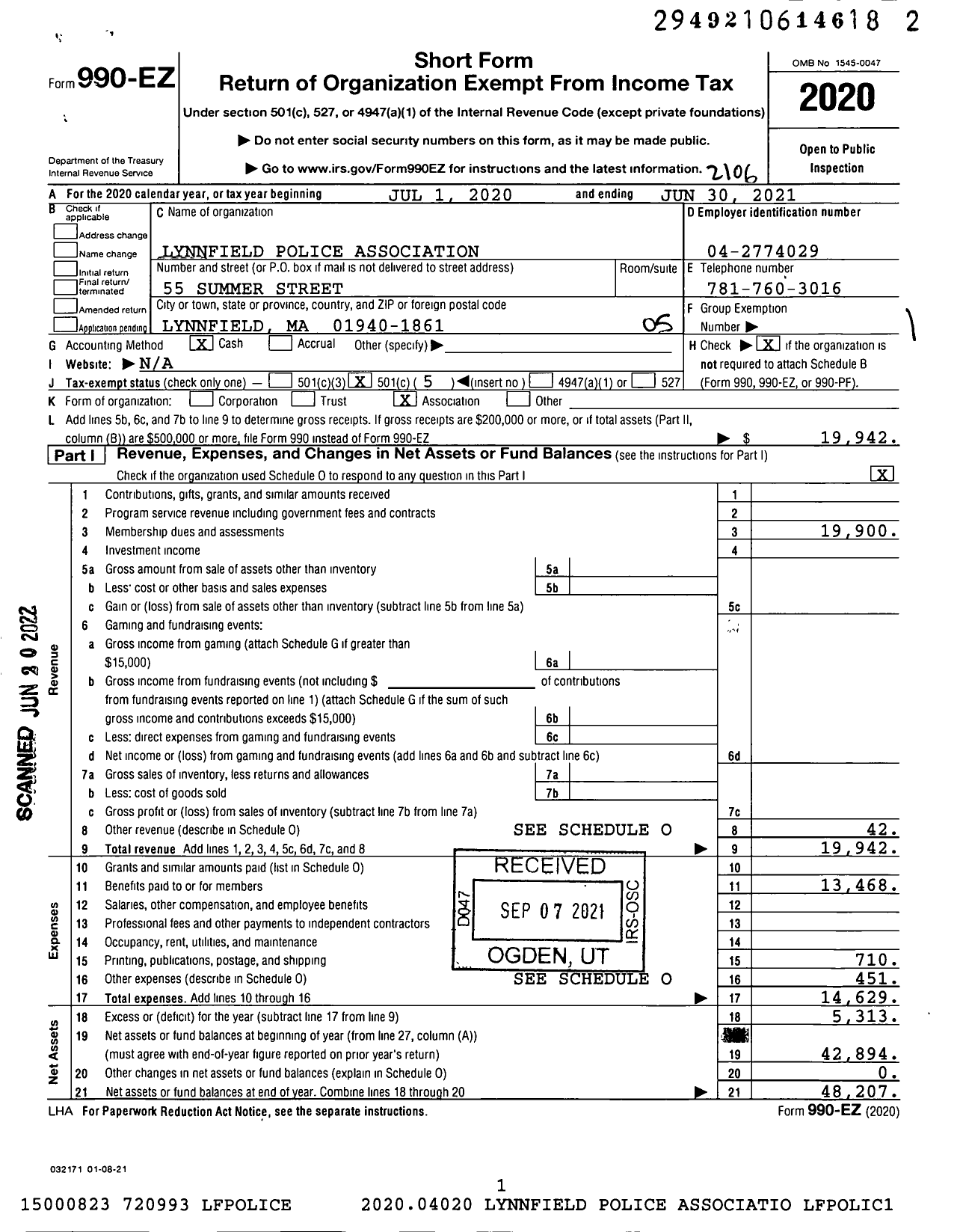 Image of first page of 2020 Form 990EO for Lynnfield Police Association