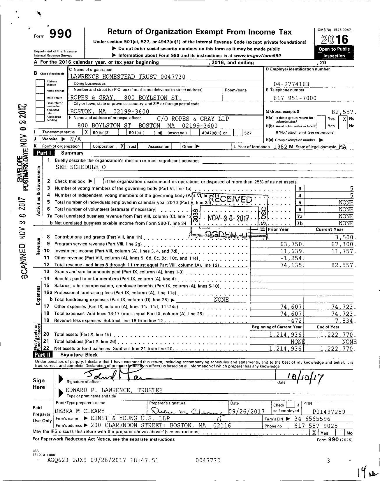 Image of first page of 2016 Form 990 for Lawrence Homestead Trust 0047730