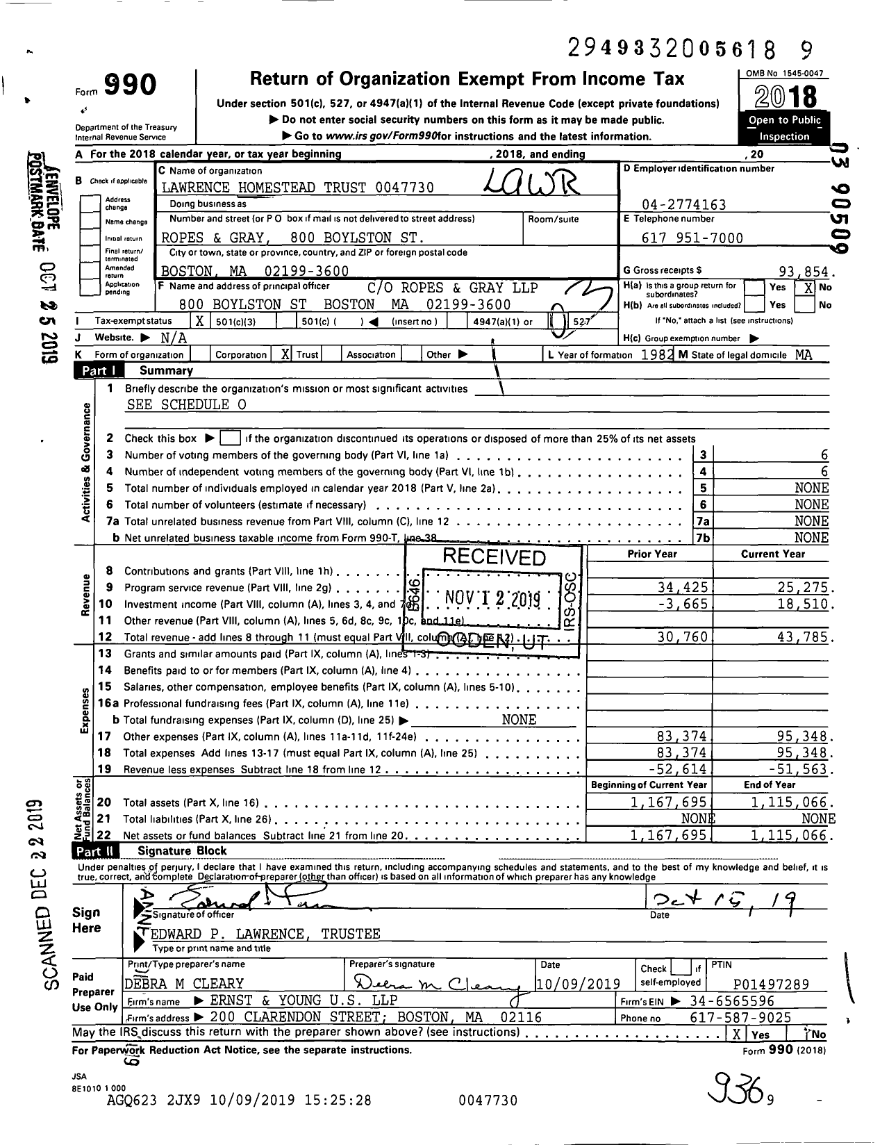 Image of first page of 2018 Form 990 for Lawrence Homestead Trust 0047730