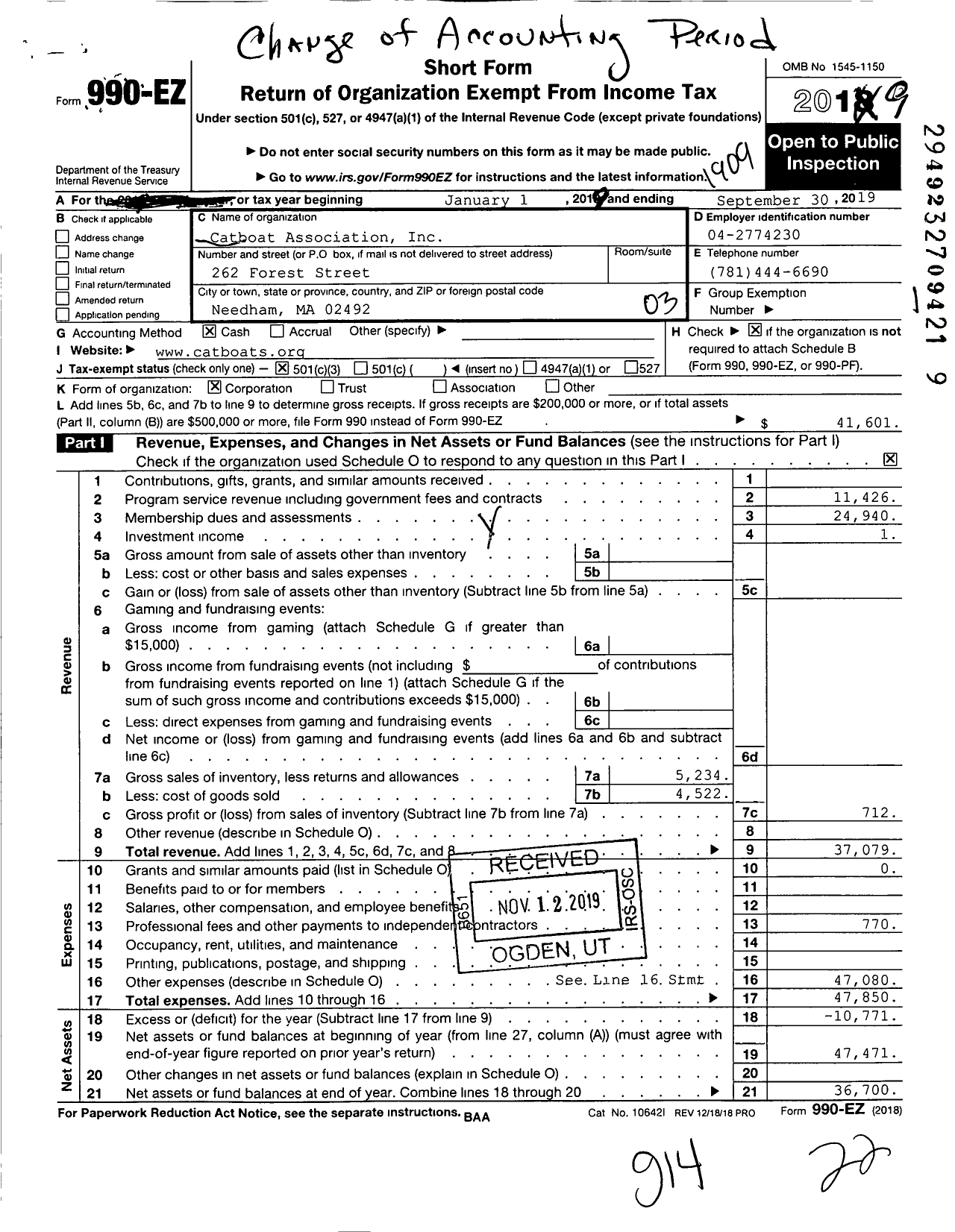 Image of first page of 2018 Form 990EZ for Catboat Association