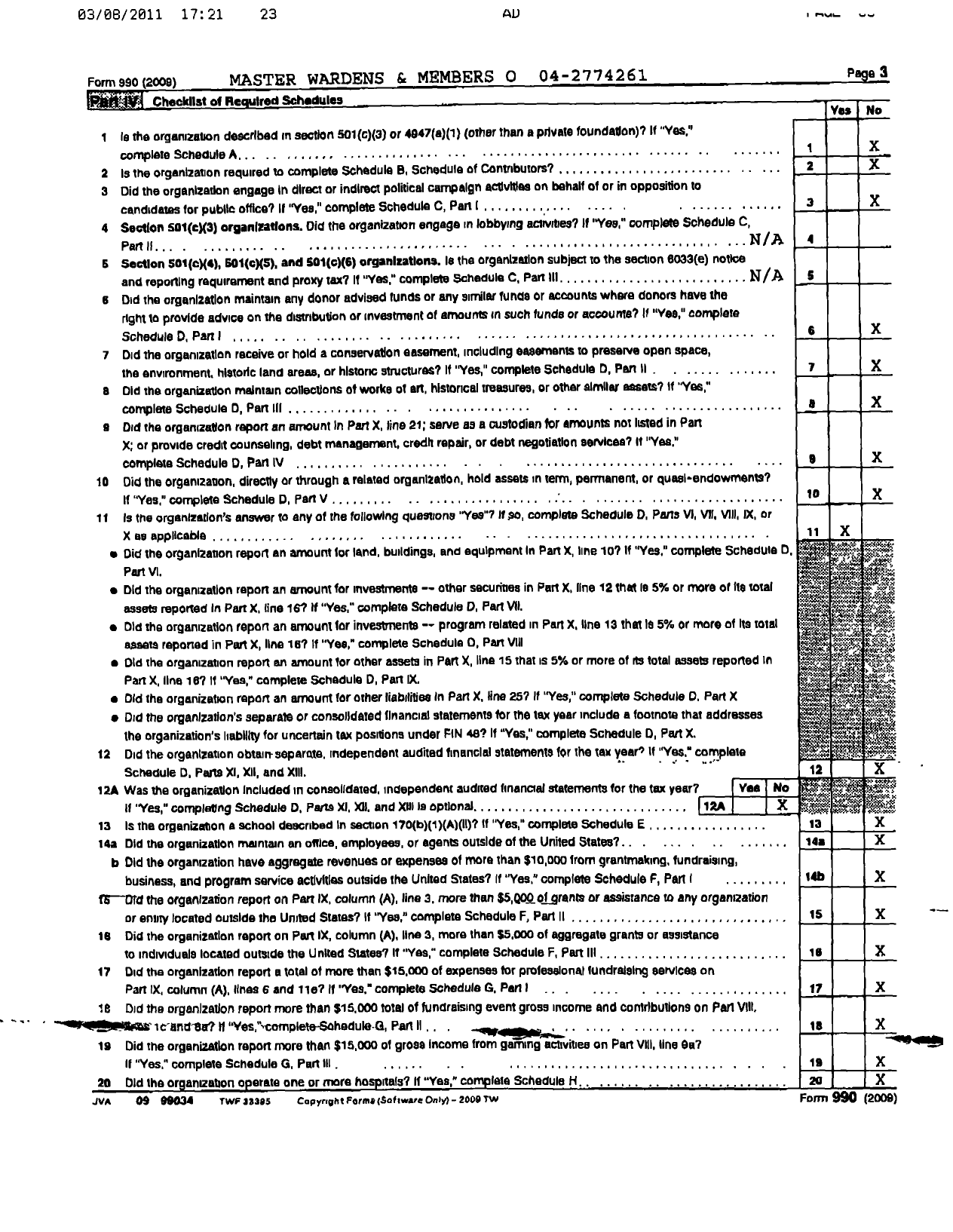 Image of first page of 2009 Form 990OR for Massachusetts Freemasons - Vineyard Masonic Temple