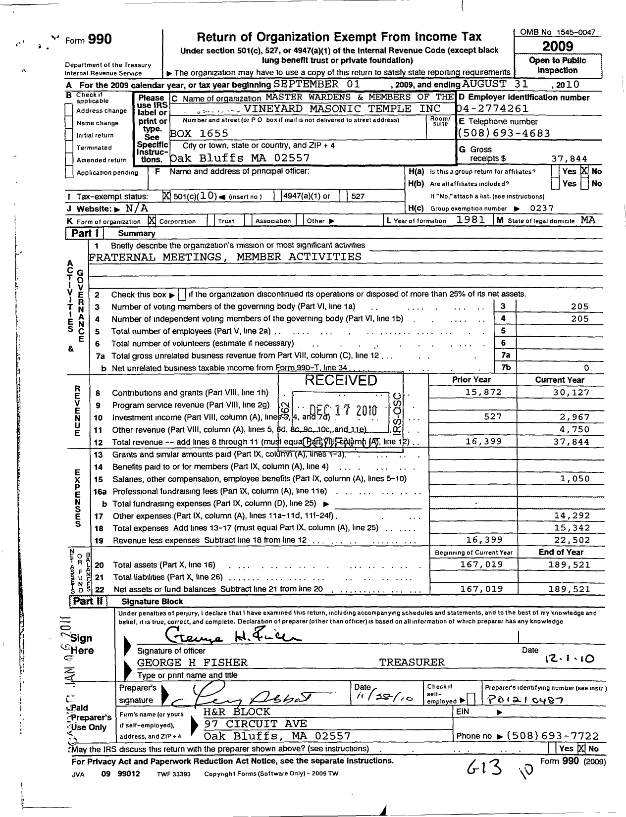 Image of first page of 2009 Form 990O for Massachusetts Freemasons - Vineyard Masonic Temple