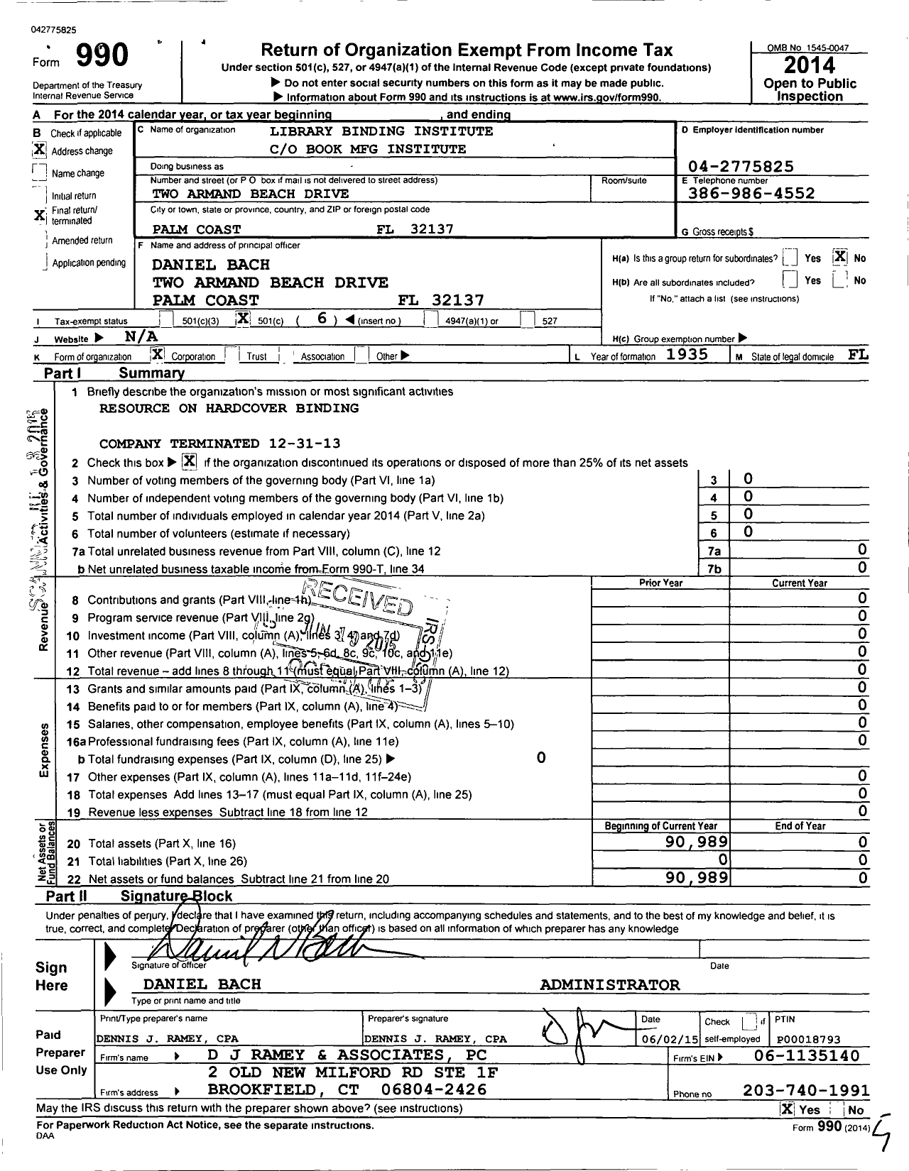 Image of first page of 2014 Form 990O for Library Binding Institute