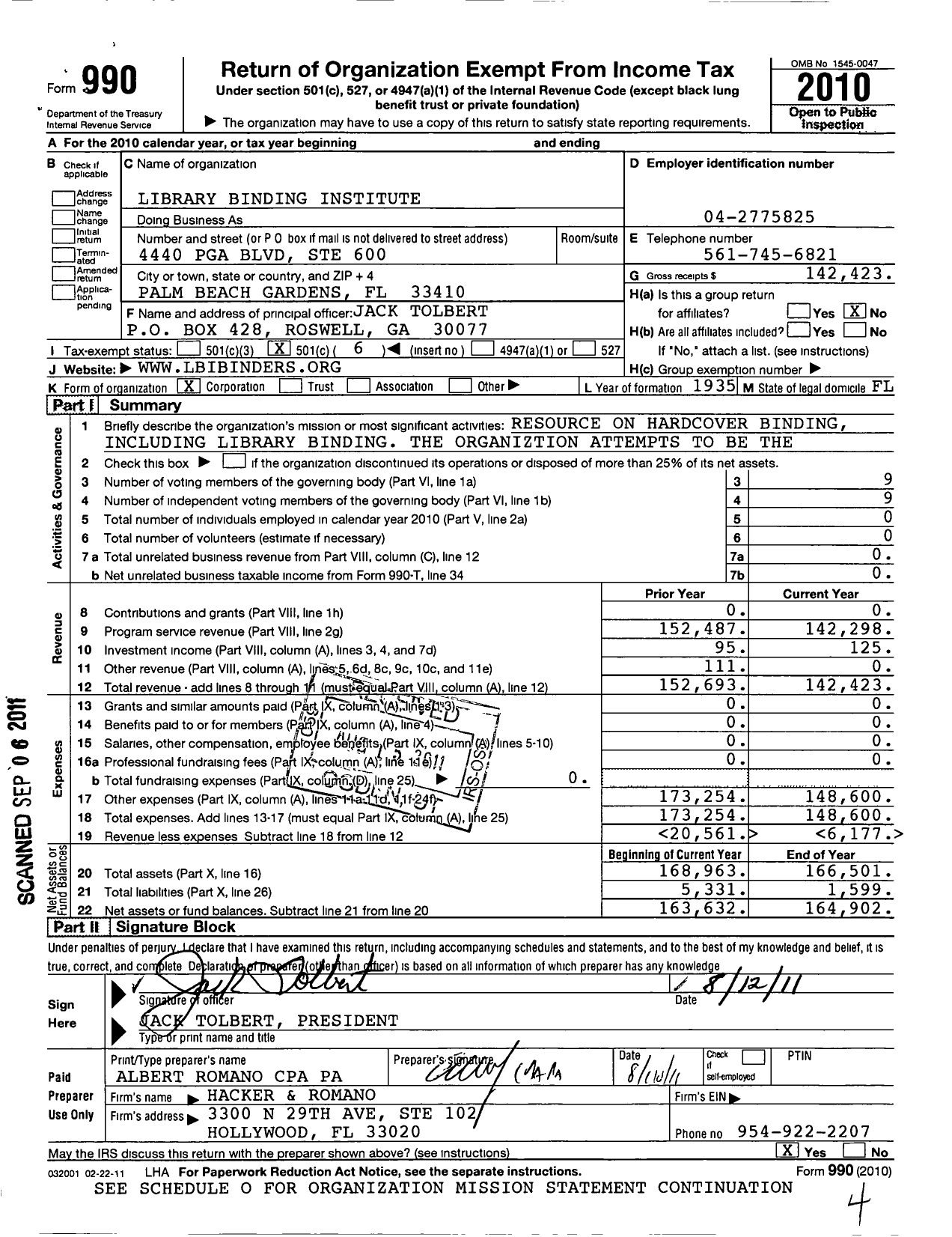 Image of first page of 2010 Form 990O for Library Binding Institute